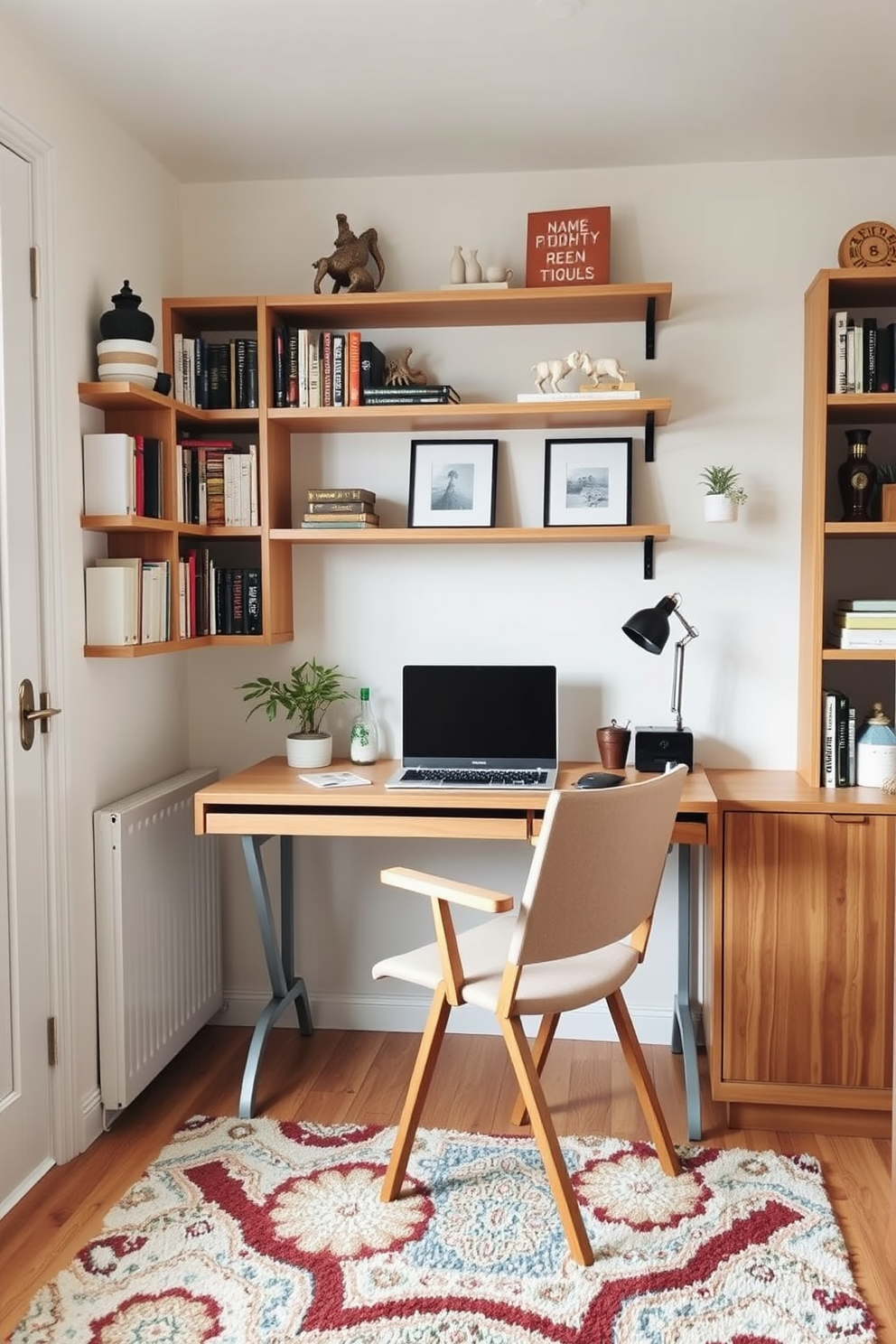 A small study room features a foldable desk positioned against the wall, allowing for easy transformation of the space. The room is adorned with light-colored walls and a cozy rug, creating an inviting atmosphere for productivity. A comfortable chair complements the desk, providing ergonomic support for long hours of work. Shelves filled with books and decorative items line the walls, adding personal touches and maximizing storage.