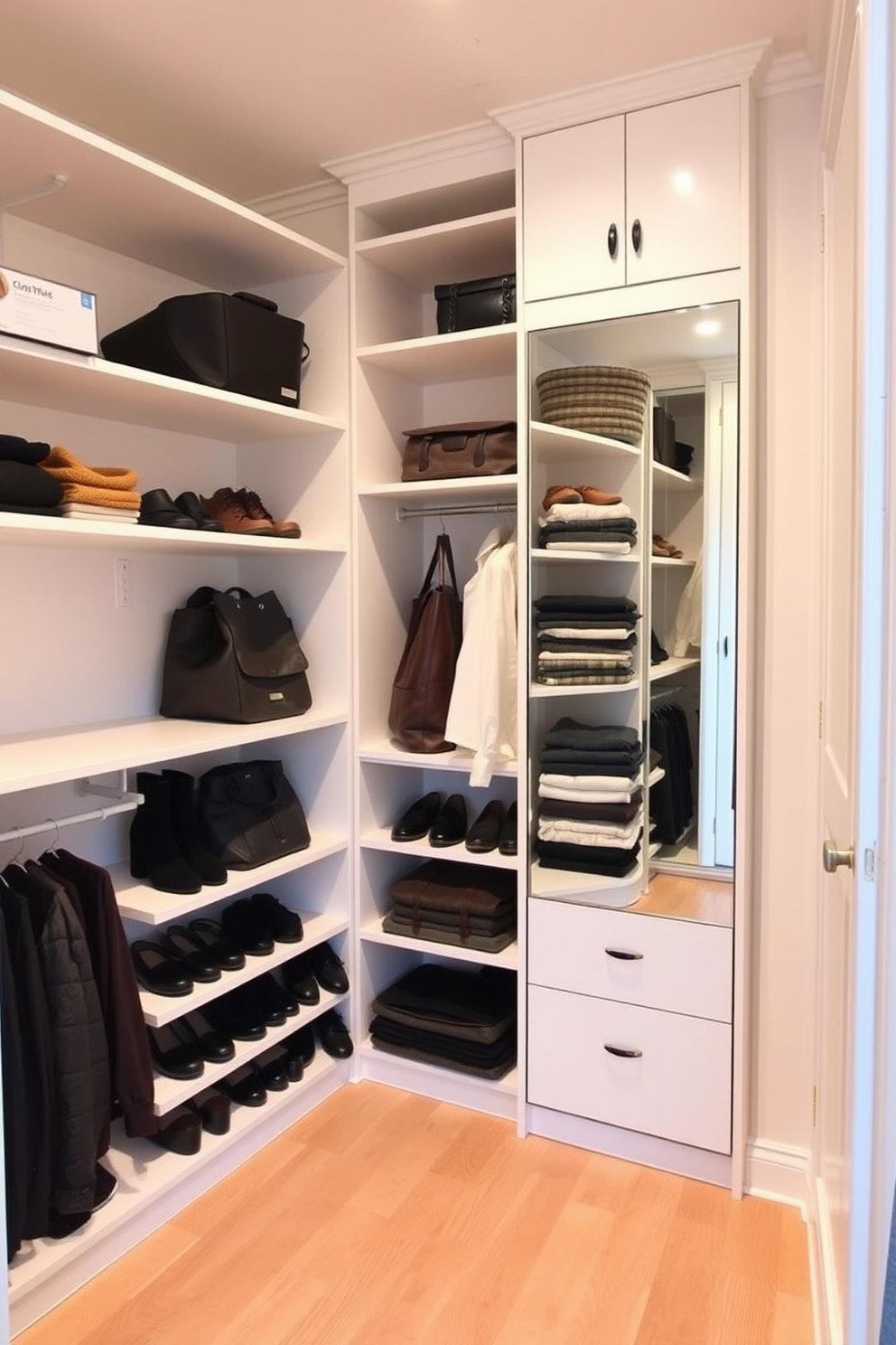 A sleek sliding door opens to reveal a small walk-in closet designed for maximum space efficiency. The interior features custom shelving and hanging rods, allowing for organized storage of clothing and accessories. Soft lighting illuminates the closet, highlighting a minimalist aesthetic with neutral-colored walls and a plush area rug. A full-length mirror is positioned strategically to enhance the sense of space and provide functionality.