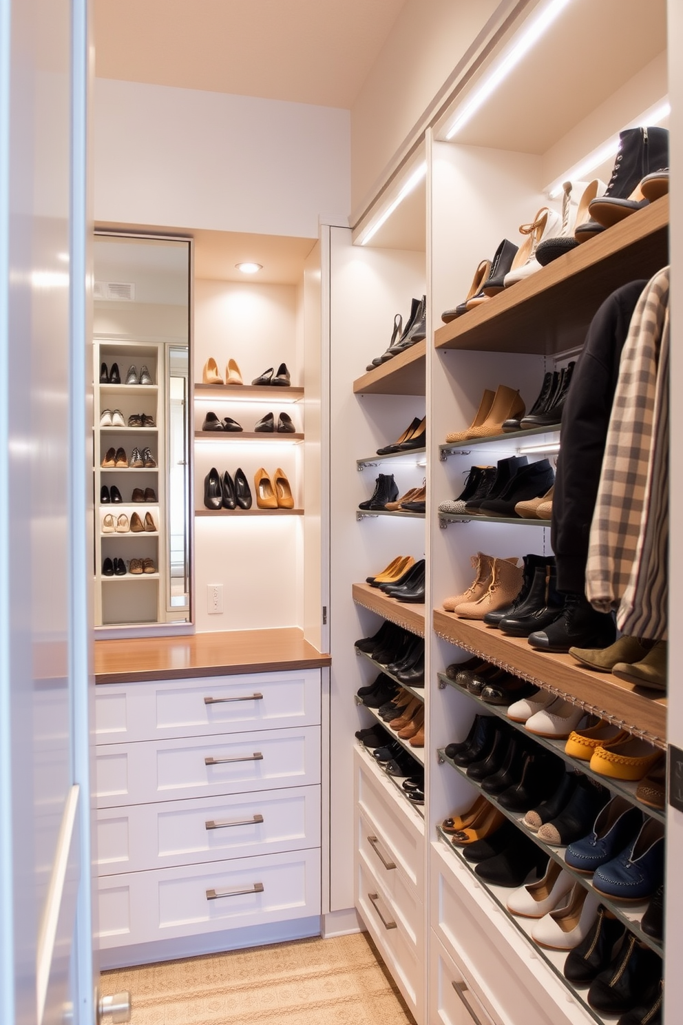 A custom shoe rack display featuring an array of stylish footwear organized on open shelving. The design incorporates a mix of wood and metal elements, with integrated lighting to highlight the collection. Small walk-in closet design ideas that maximize space with built-in shelving and drawers. Soft lighting and a neutral color palette create an inviting atmosphere, while a full-length mirror enhances the functionality of the space.