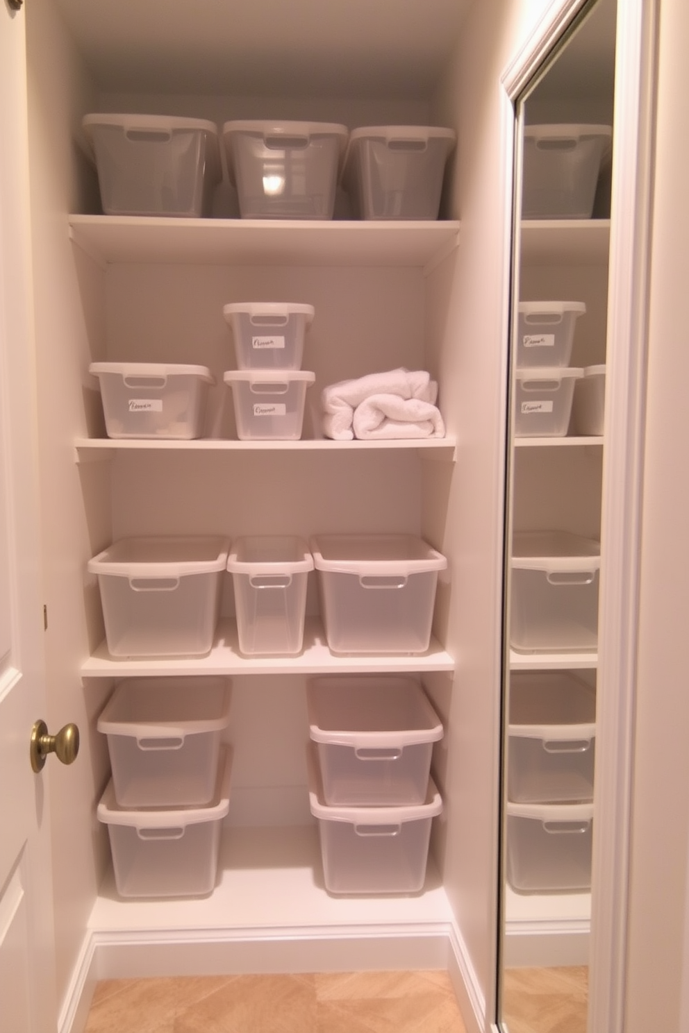 A small walk-in closet features clear bins neatly arranged on shelves for organized storage. The walls are painted in a soft neutral color, and a full-length mirror is positioned on one side to enhance the sense of space.