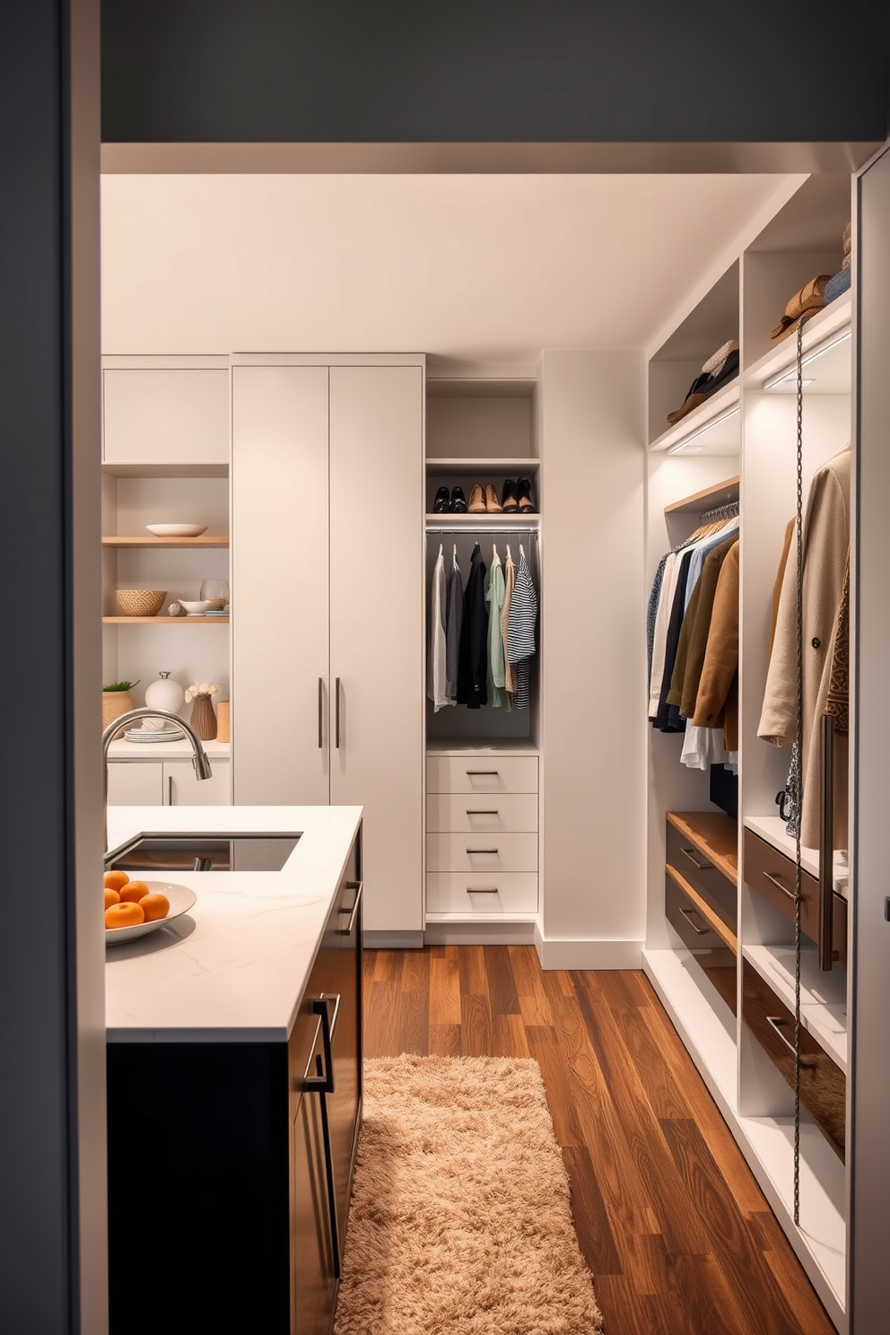 A cozy walk-in closet featuring a small island for folding clothes sits in the center. The island is topped with a smooth quartz surface and surrounded by custom shelving and hanging space for organized storage. Soft lighting illuminates the space, enhancing the warm wood tones of the cabinetry. A plush area rug adds comfort underfoot, while stylish baskets and bins provide additional organization.