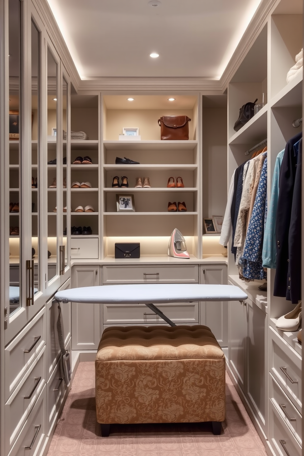 A cozy small walk-in closet features a fold-down ironing board cleverly integrated into the cabinetry. The space is adorned with soft lighting, elegant shelving for shoes and accessories, and a plush ottoman for comfort.