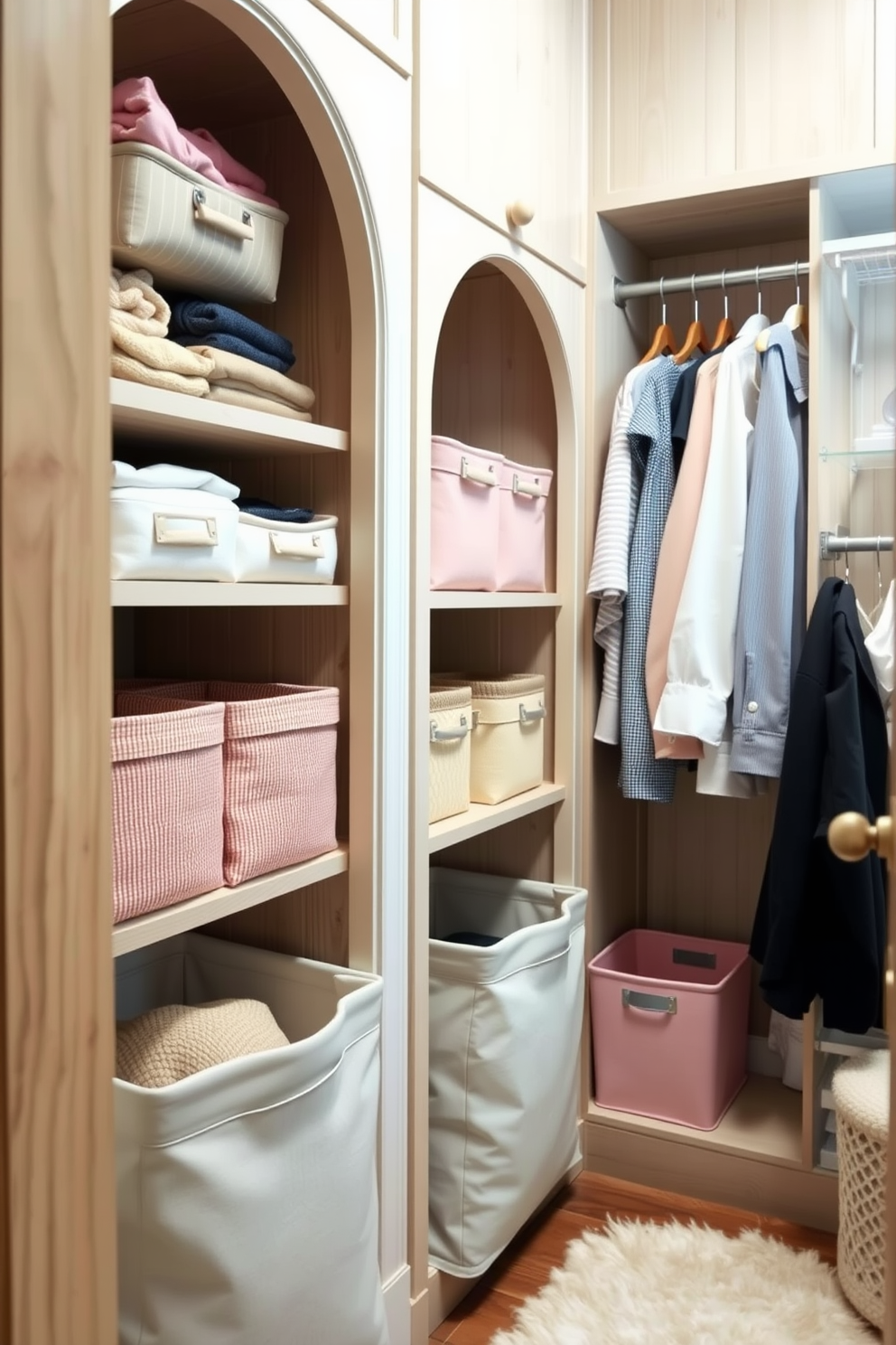 A cozy walk-in closet featuring soft fabric bins in pastel colors for a gentle aesthetic. The walls are adorned with light wood paneling, and a plush area rug adds warmth underfoot.