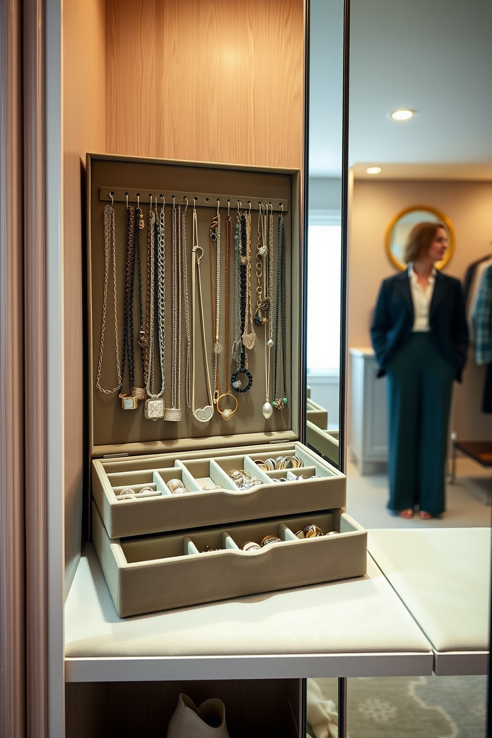 Create a designated area for jewelry featuring a custom-built jewelry organizer with compartments for rings, necklaces, and bracelets. The organizer is elegantly displayed on a soft velvet-lined shelf within a small walk-in closet that is adorned with warm lighting and a full-length mirror.