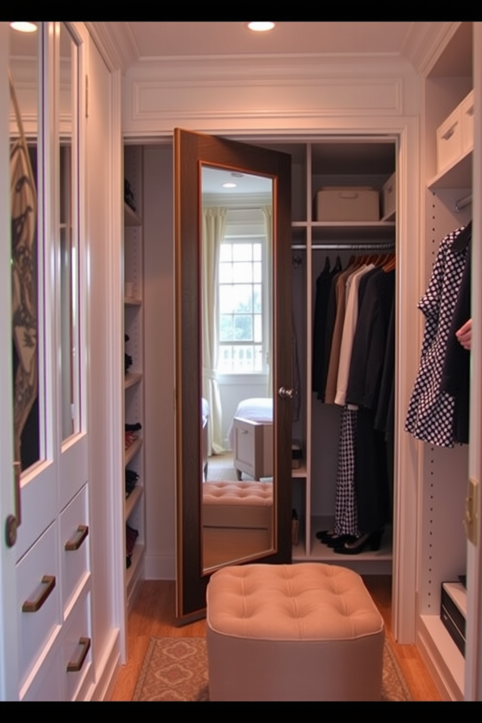 A stylish small walk-in closet features a full-length mirror mounted on the back of the door, reflecting natural light and enhancing the sense of space. The closet is organized with built-in shelving, hanging rods for clothing, and a chic ottoman for seating, creating a functional yet elegant dressing area.