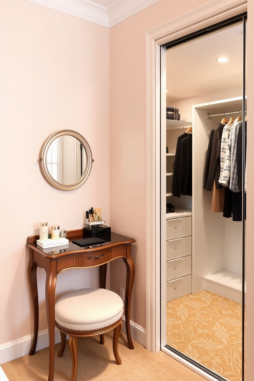 A charming small vanity for makeup is positioned against a soft pastel wall. It features a round mirror with a delicate frame and a plush stool tucked underneath, creating an inviting space for daily routines. Adjacent to the vanity, a small walk-in closet showcases organized shelving and hanging space. The design includes elegant lighting and a full-length mirror, offering both functionality and style in a compact area.