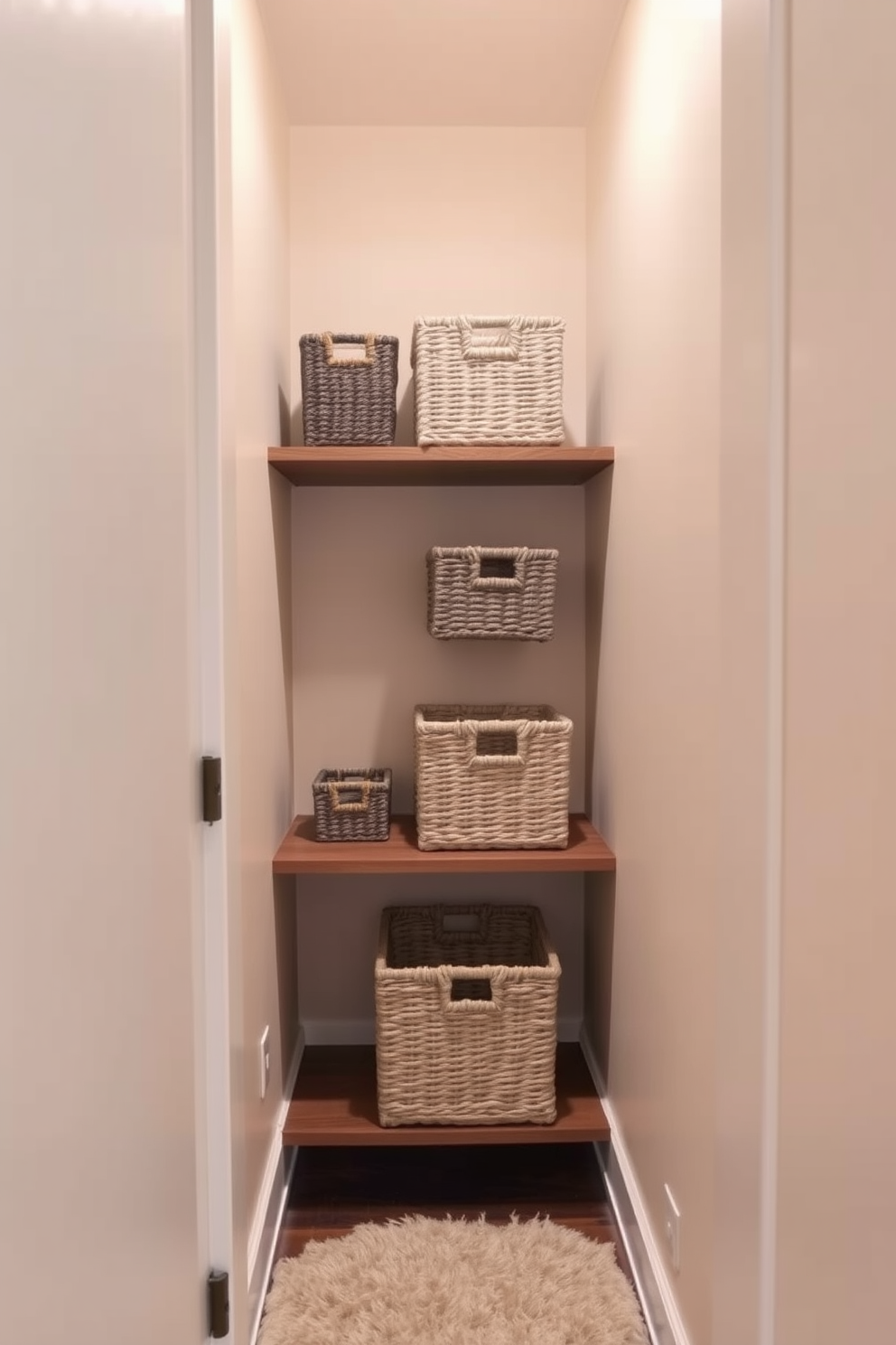 A small walk-in closet features decorative baskets arranged on wooden shelves for stylish storage. The walls are painted in a soft beige hue, and a plush area rug adds warmth underfoot.