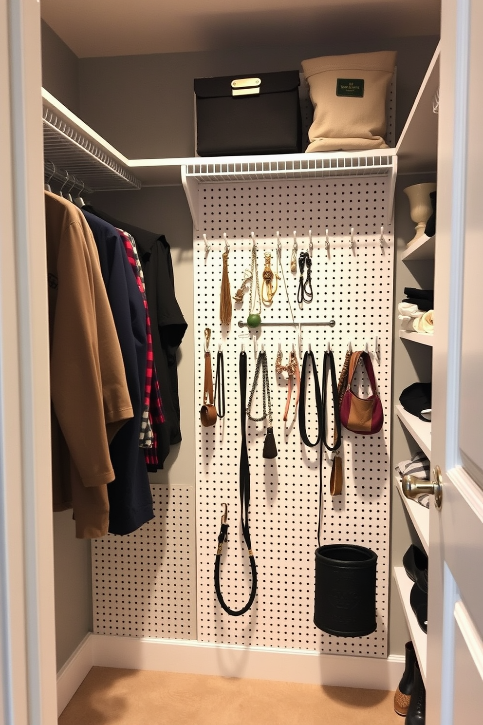 A small walk-in closet featuring mirrored surfaces to reflect light and create an illusion of space. The design includes built-in shelving for shoes and accessories, with soft LED lighting illuminating the area.