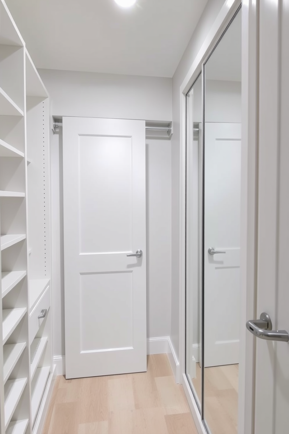 A stylish small walk-in closet featuring vertical shelving to maximize storage space. The shelves are organized with neatly folded sweaters and a variety of shoes displayed on the bottom tier. Soft lighting illuminates the space, creating a warm and inviting atmosphere. A full-length mirror is positioned on one wall, enhancing the sense of openness in the closet.