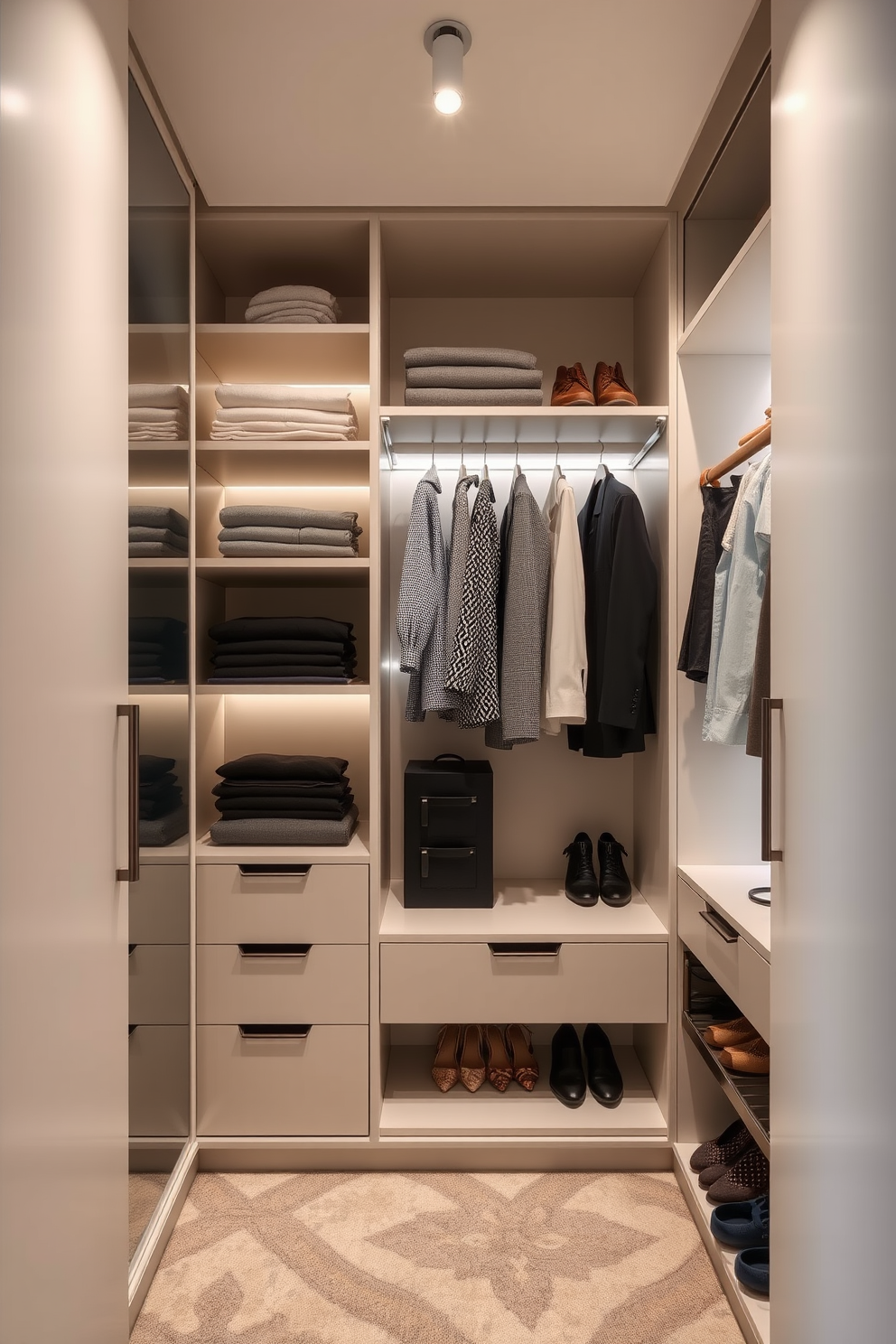 Design a seasonal clothing rotation system that maximizes space and organization. Incorporate labeled bins and adjustable shelving to easily access different seasonal items. Small walk-in-closet design ideas should focus on efficient use of space and aesthetic appeal. Include built-in shelving, a full-length mirror, and soft lighting to create a welcoming and functional environment.