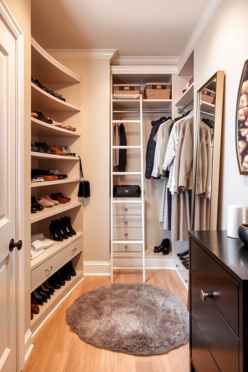 A cozy small walk-in closet featuring under-shelf lighting that creates a warm and inviting ambiance. The closet includes built-in shelves for shoes and accessories, and a central island with drawers for added storage.