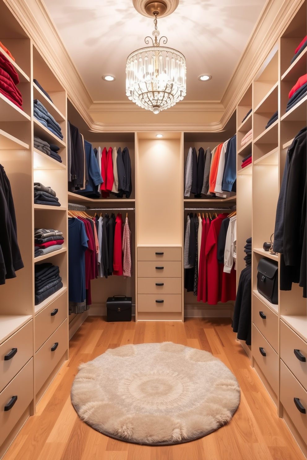 A small walk-in closet features a color-coded system for clothes, allowing for easy organization and accessibility. The walls are painted in a soft beige, while the flooring consists of light oak planks, creating a warm and inviting atmosphere. Shelving units are installed on either side, showcasing neatly arranged garments in shades of blue, red, and neutral tones. A plush area rug in a subtle geometric pattern adds texture, and a stylish chandelier provides soft lighting to enhance the overall elegance.