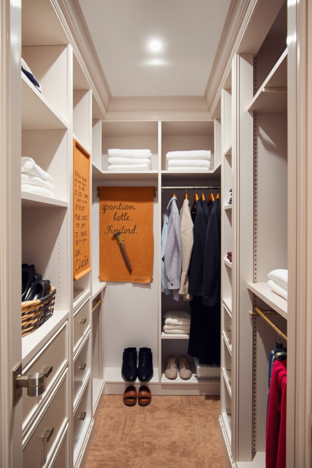 A small walk-in closet designed for functionality and style. The space features built-in shelving and hanging rods, maximizing storage while maintaining an organized appearance. A corkboard is mounted on one wall for inspiration and notes, adding a personal touch to the design. Soft lighting illuminates the closet, highlighting the elegant finishes and thoughtful layout.