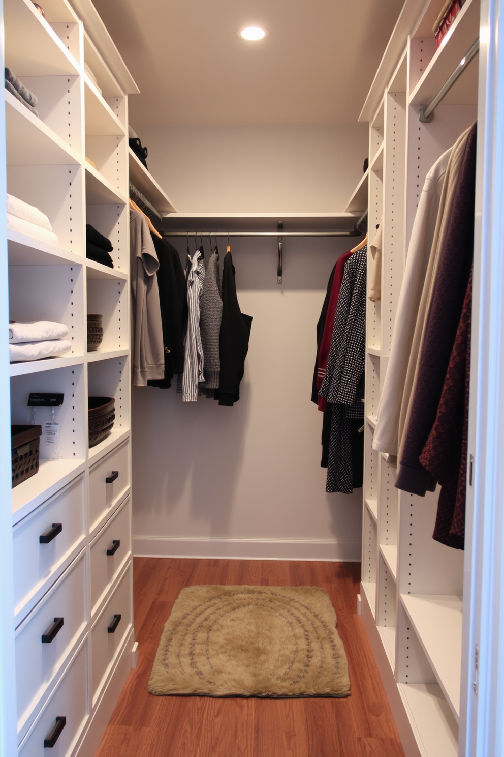 A cozy small walk-in closet features soft fabric bins arranged neatly on shelves, providing an inviting and organized appearance. The walls are painted in a light, airy color, and a plush area rug adds warmth underfoot.