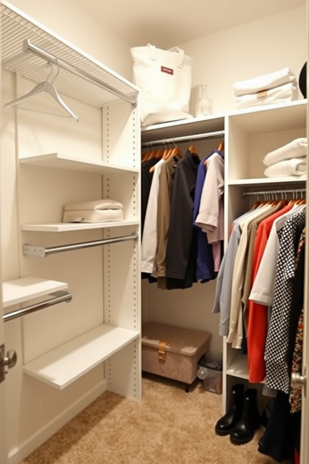 A small walk-in closet featuring adjustable shelving for maximum flexibility. The design includes a combination of hanging rods and shelves to accommodate various clothing items and accessories.