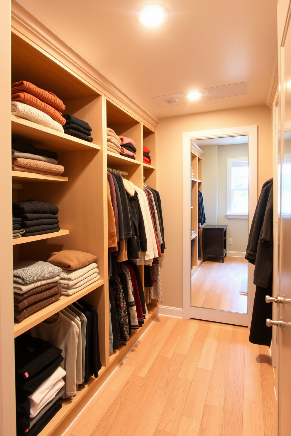 A cozy seasonal clothing rotation area designed for a small walk-in closet. The walls are painted in a soft beige, and the flooring features light oak wood, creating a warm and inviting atmosphere. Built-in shelving lines one side, displaying neatly folded sweaters and seasonal accessories. A full-length mirror is positioned opposite, reflecting the natural light from a small window, enhancing the space's openness.