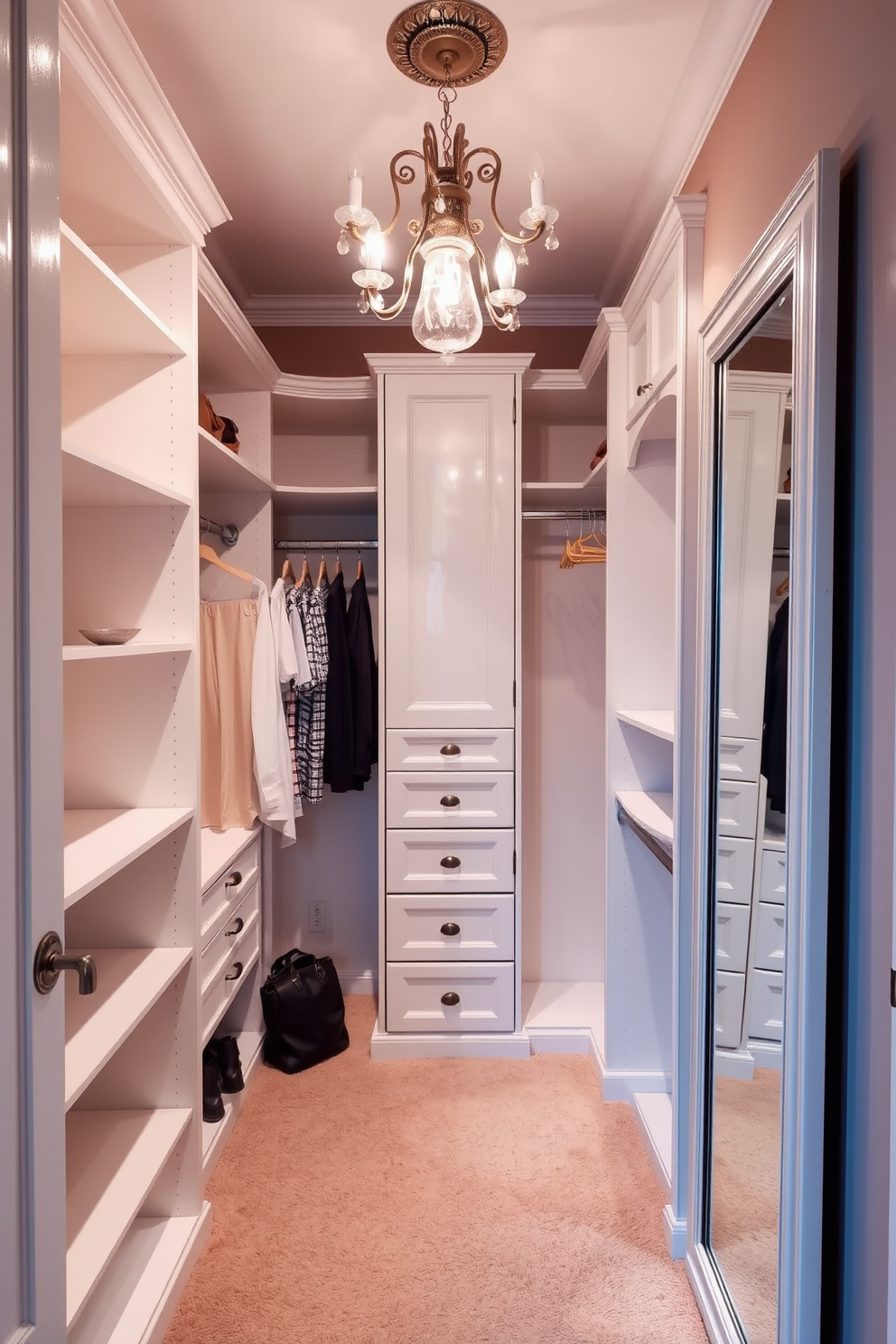 A small walk-in closet featuring elegant design elements. The space includes custom shelving and hanging racks, all finished in a soft white color. A small chandelier hangs from the ceiling, adding a touch of sophistication. Plush carpeting covers the floor, and a full-length mirror leans against one wall to enhance the sense of space.