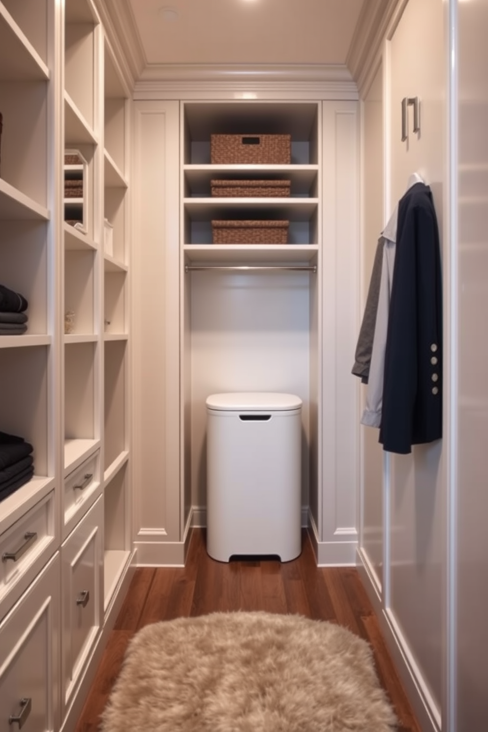 A small walk-in closet featuring a stylish laundry hamper discreetly integrated into the design. The walls are lined with elegant shelving, and a plush area rug adds warmth to the space.