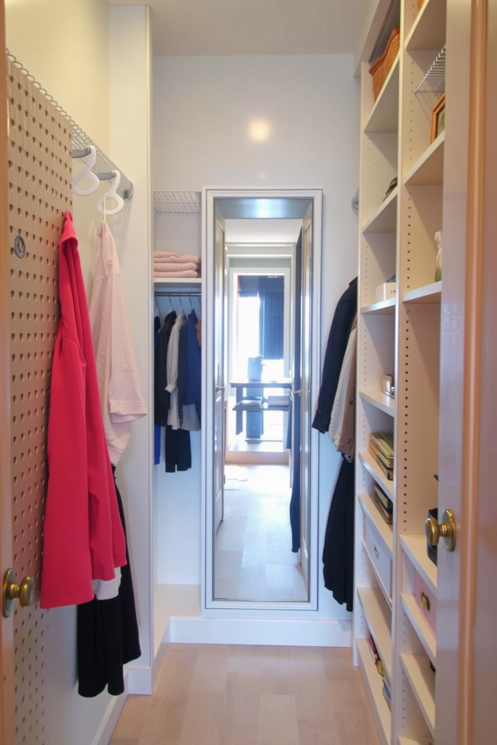 A small walk-in closet featuring a peg rail on one side for easy access to frequently used items. The space is optimized with built-in shelving and a full-length mirror, creating an organized and functional environment.