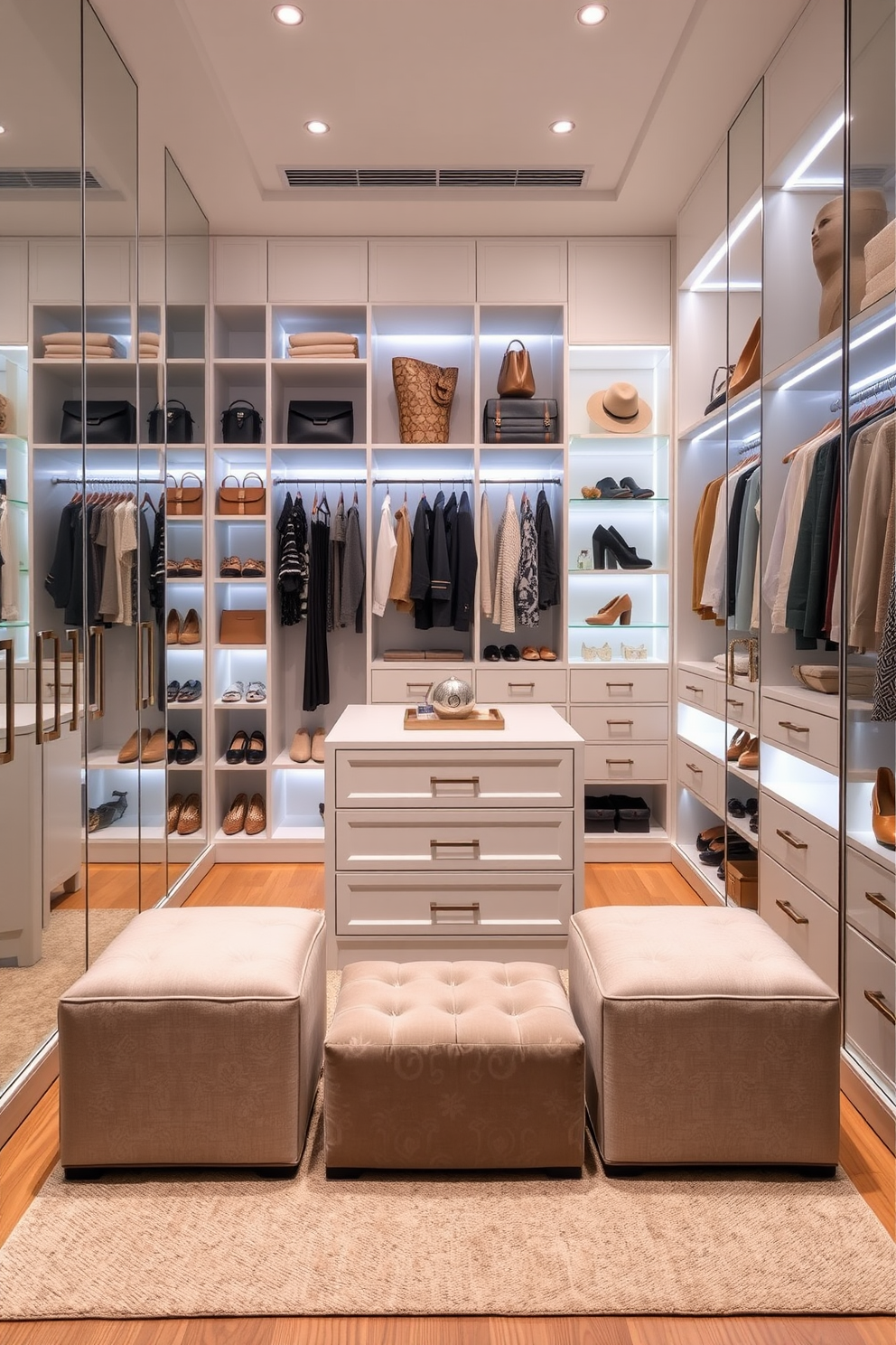 A small walk-in closet designed to maximize space features floor-to-ceiling mirrors on one wall, reflecting light and creating an illusion of depth. The closet includes built-in shelving and hanging space, with soft LED lighting illuminating the organized accessories and clothing. The layout incorporates a central island with drawers for added storage, surrounded by stylish ottomans for comfort. A chic rug anchors the space, while a soft color palette enhances the feeling of openness and tranquility.