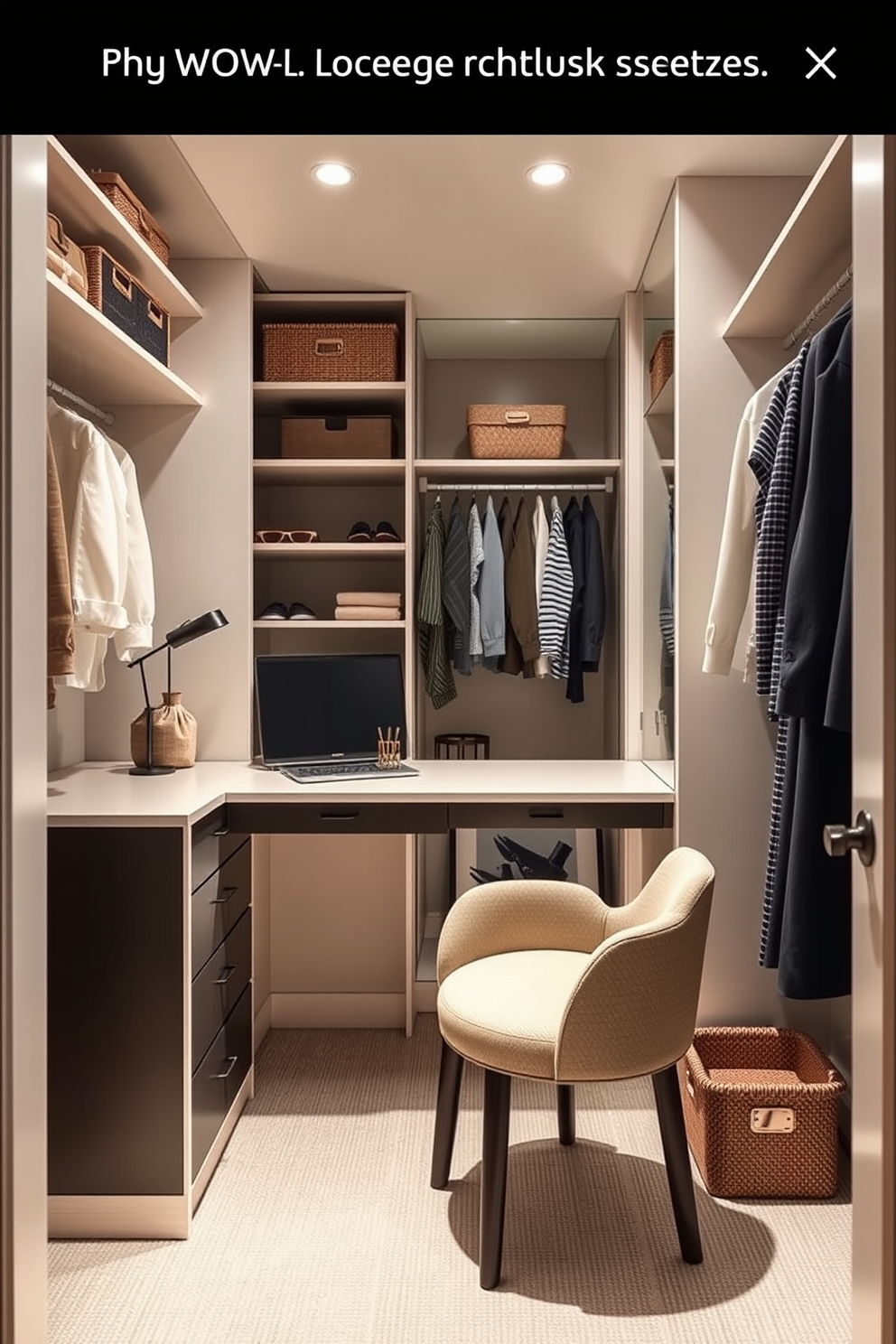 A small walk-in closet designed for elegance and functionality features custom shelving and hanging space for clothing. A stylish area rug in soft neutral tones adds warmth and comfort, enhancing the overall inviting atmosphere of the space.