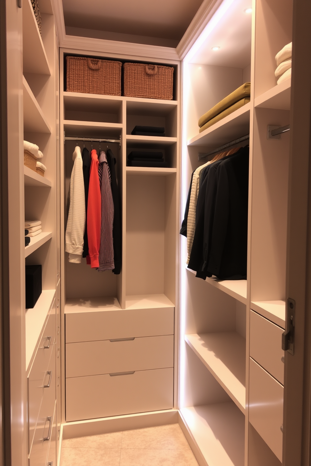 A small walk-in closet design featuring light-colored walls and shelving to create an airy feel. The space includes a minimalist wooden bench and strategically placed lighting to enhance brightness and functionality.