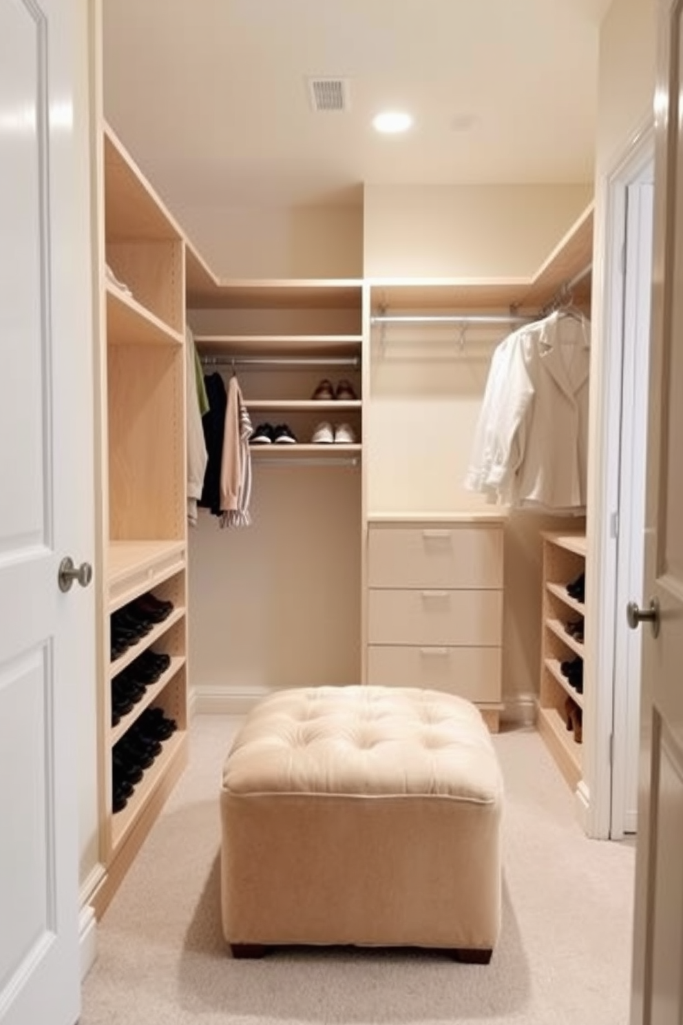 A small walk-in closet featuring built-in shelving and hanging space for clothes. Soft built-in lighting illuminates the area, highlighting the organized layout and maximizing visibility.