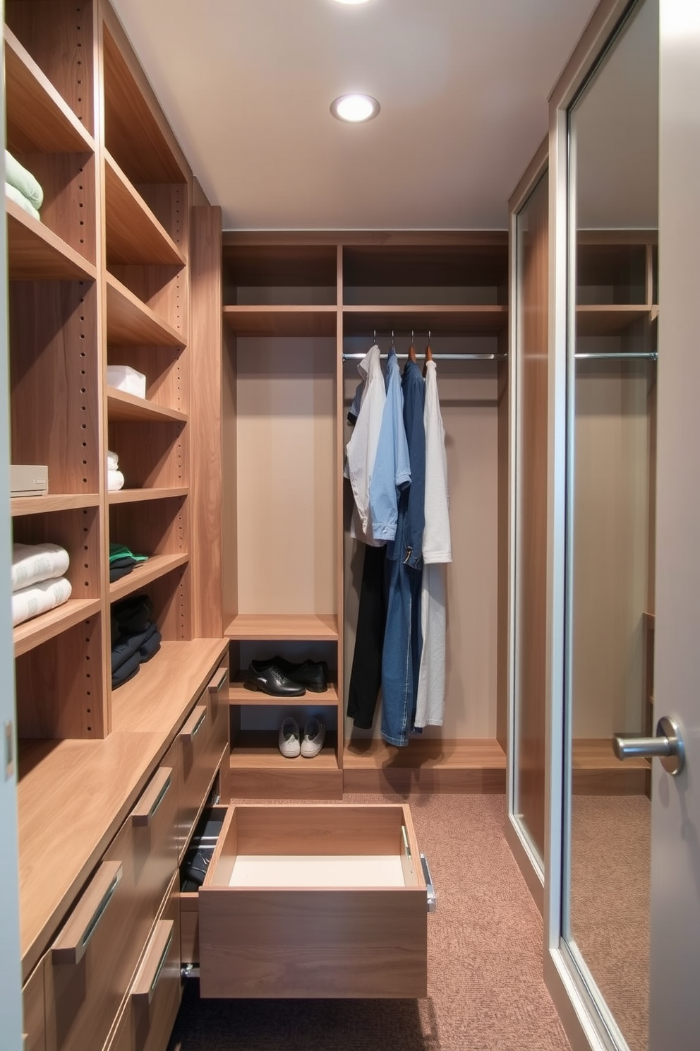 A small walk-in closet featuring pull-out drawers for easy access. The design includes built-in shelving on one side and a full-length mirror on the opposite wall.