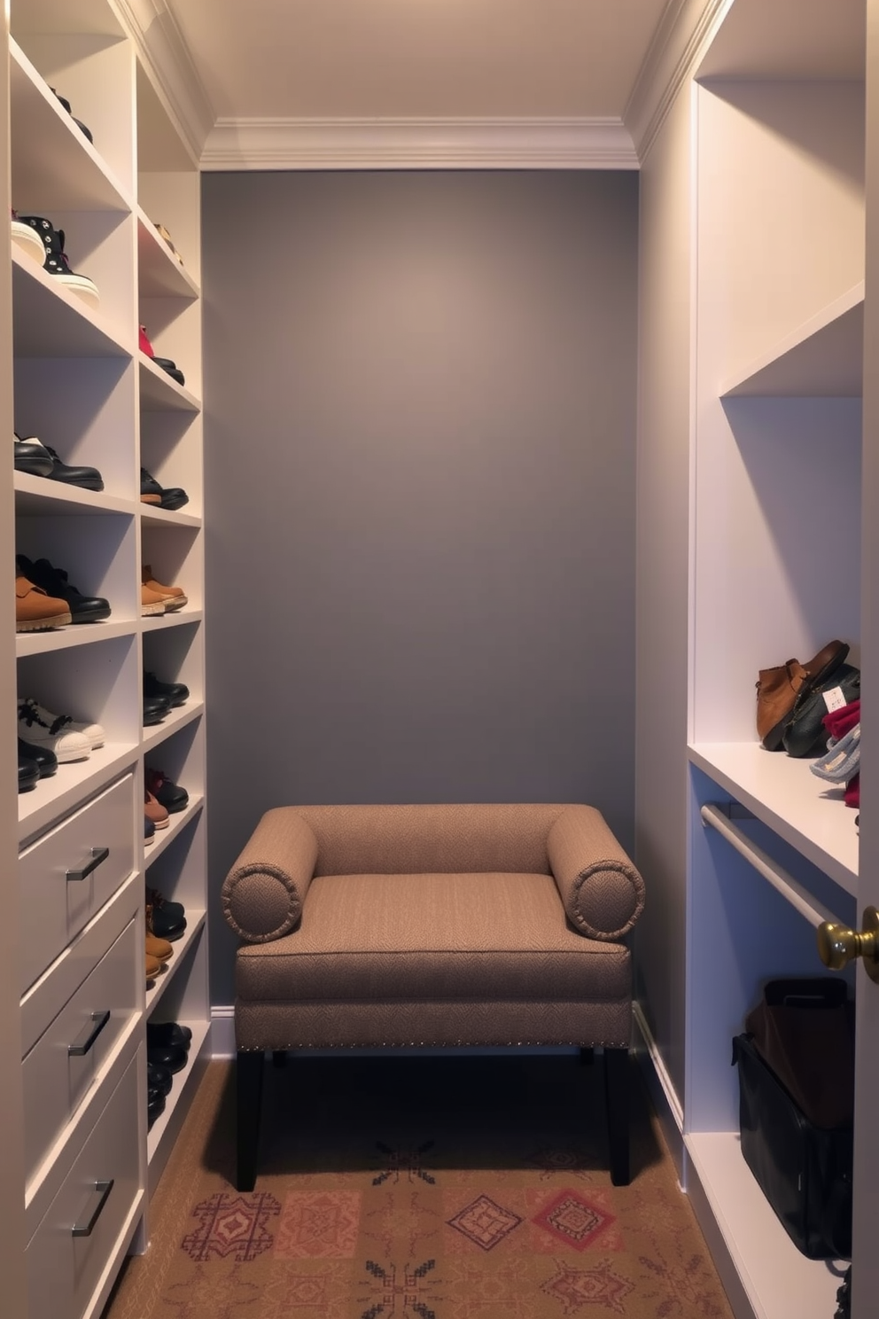 A small walk-in closet design featuring angled shelves that maximize corner space for efficient storage. The walls are painted in a soft neutral tone, and the flooring consists of elegant hardwood that adds warmth to the space.