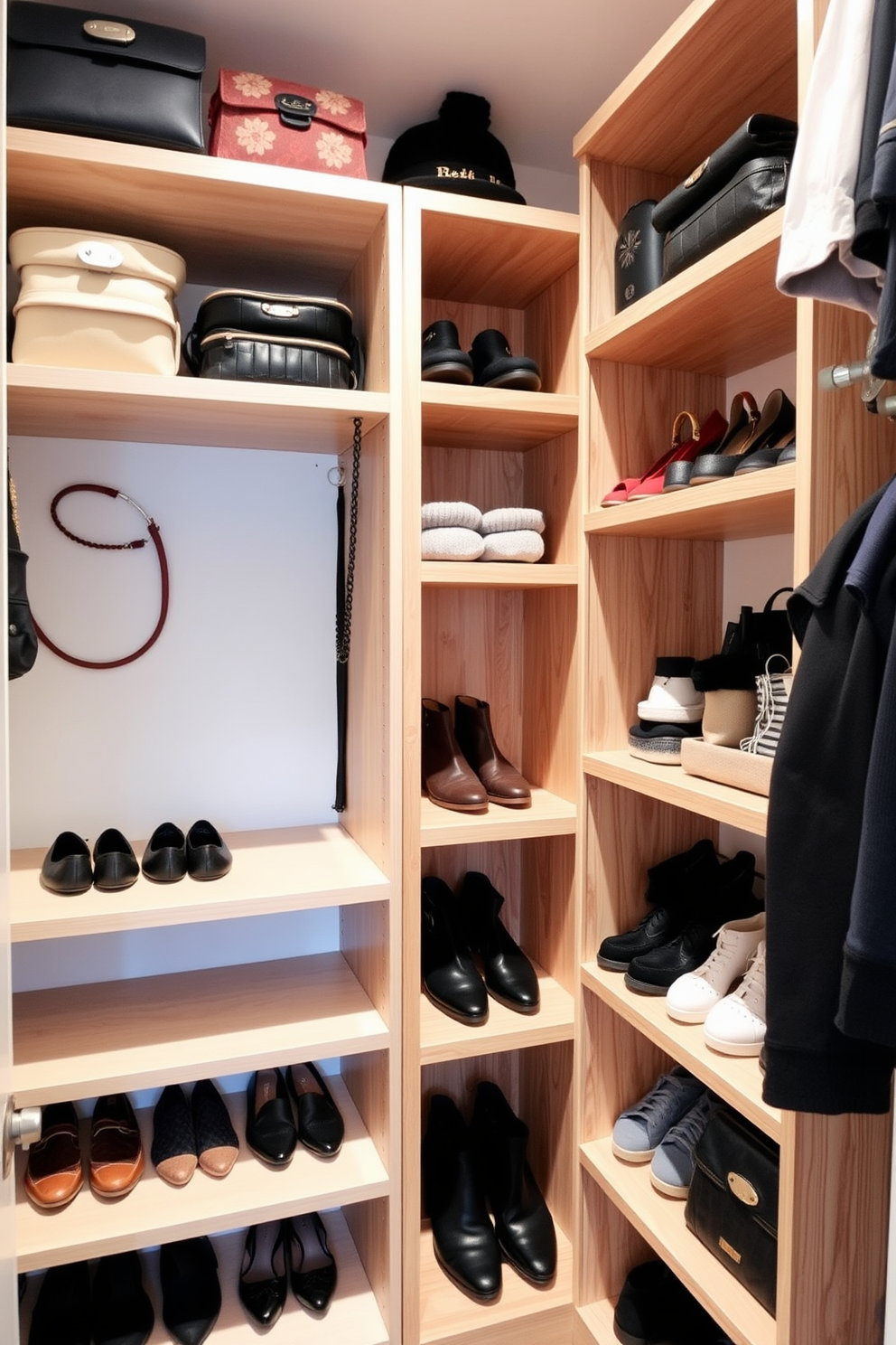 A small walk-in closet featuring sleek pull-out drawers for easy access and organization. The walls are adorned with soft neutral tones, and a stylish pendant light illuminates the space, creating a welcoming atmosphere.