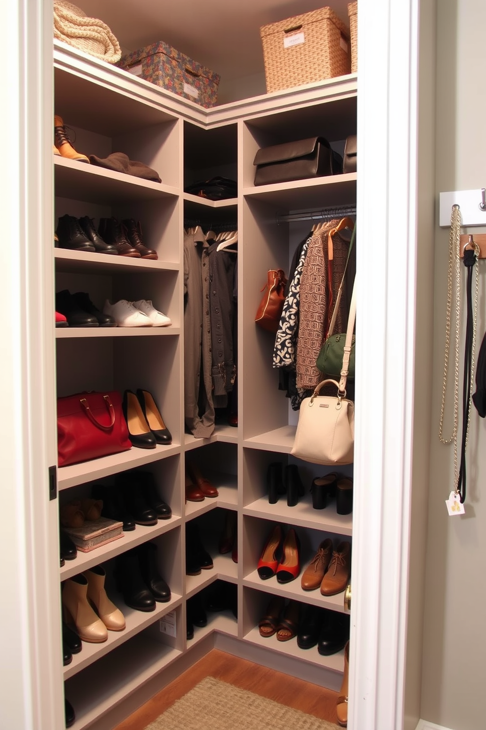 A small walk-in closet designed with efficiency and style in mind. The space features built-in shelving on one side for shoes and bags, while hooks for accessories are strategically placed along the opposite wall.