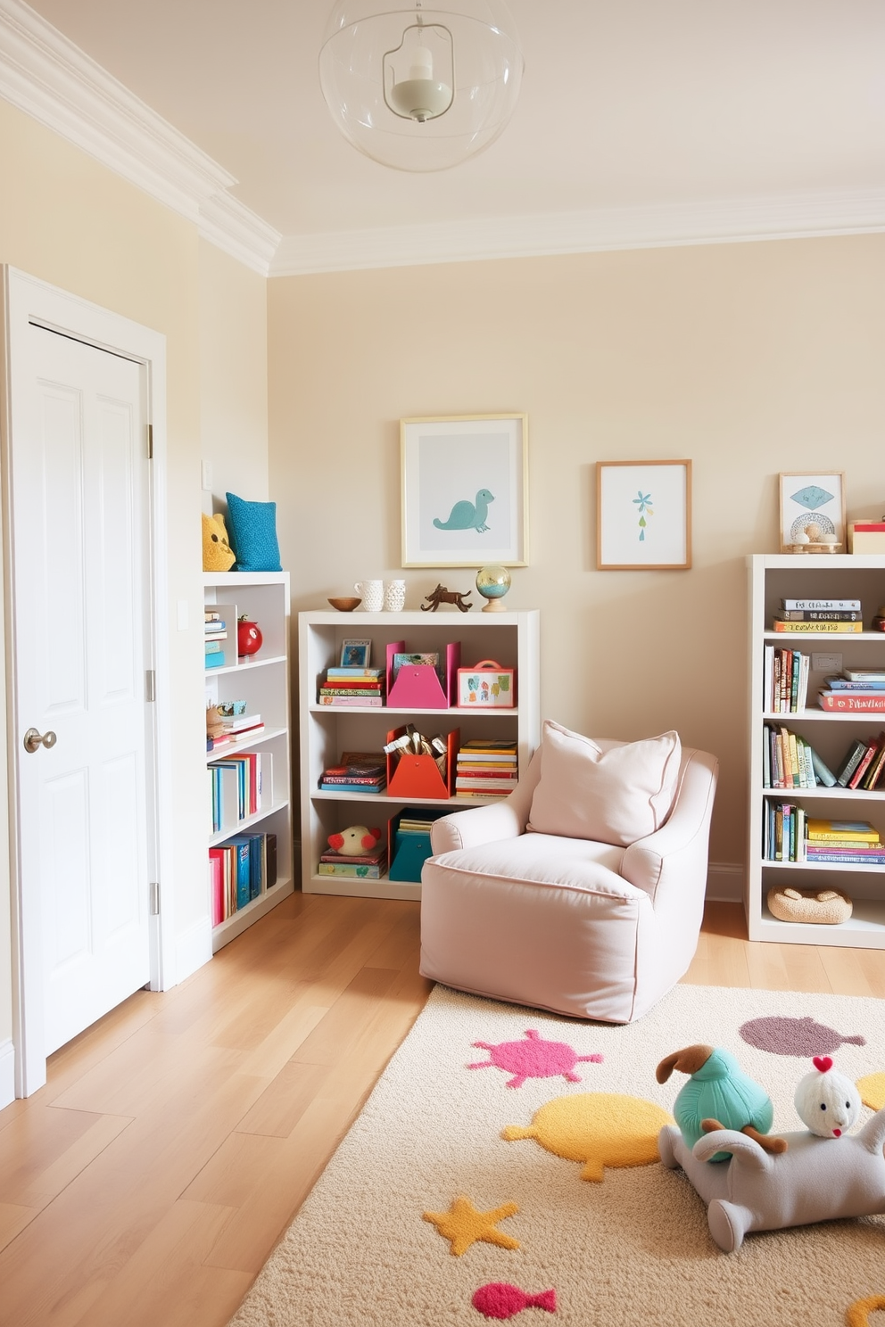 A sophisticated playroom designed with a neutral color palette that incorporates playful accents throughout the space. The walls are painted in a soft beige, while vibrant pops of color come from decorative cushions and whimsical wall art. A cozy reading nook features a plush oversized chair in a muted pastel shade, surrounded by colorful bookshelves filled with children's books and toys. The flooring is a light wood, complemented by a playful area rug that adds texture and warmth to the room.