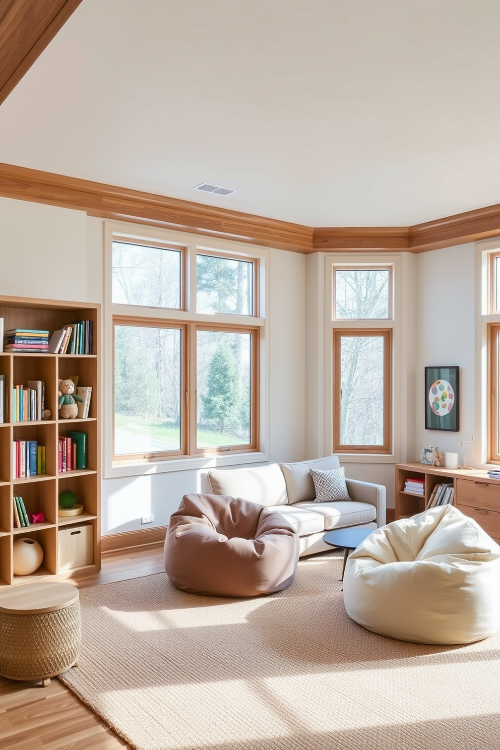 A sophisticated playroom design featuring warm wooden accents throughout the space. The walls are painted in soft pastel tones, and large windows allow natural light to flood in, creating an inviting atmosphere. In one corner, a custom-built wooden bookshelf displays an array of colorful books and toys. A plush area rug made from natural fibers anchors the seating area, which includes a cozy sofa and oversized bean bags for relaxation.