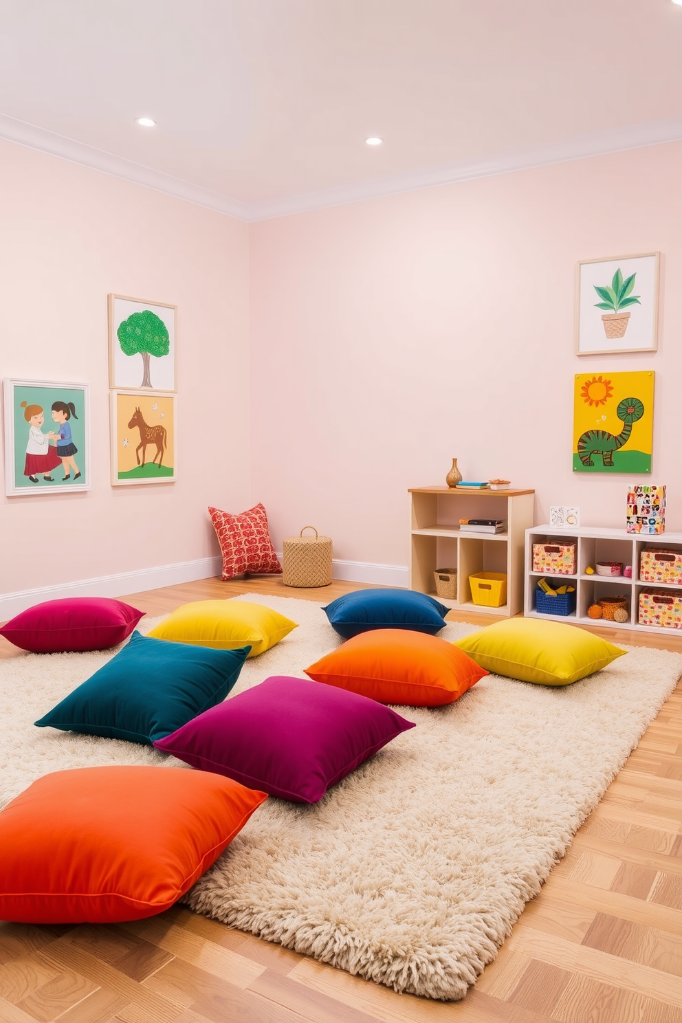 A sophisticated playroom setting. The room features a large, plush area rug in vibrant colors that adds warmth and comfort to the space. Brightly colored storage bins are neatly arranged along one wall, providing a playful contrast to the soft pastel hues of the walls. A cozy reading nook with oversized cushions is nestled in one corner, inviting children to relax and enjoy their favorite books.