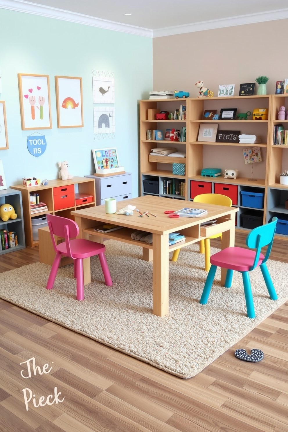 A stylish playroom featuring a multi-purpose table designed for crafts and games. The table is made of light wood with built-in storage for supplies, surrounded by colorful chairs that invite creativity and fun. The walls are painted in a soft pastel hue, adorned with playful artwork and shelves filled with books and toys. A cozy rug in the center provides a comfortable play area, while soft lighting creates a warm and inviting atmosphere.