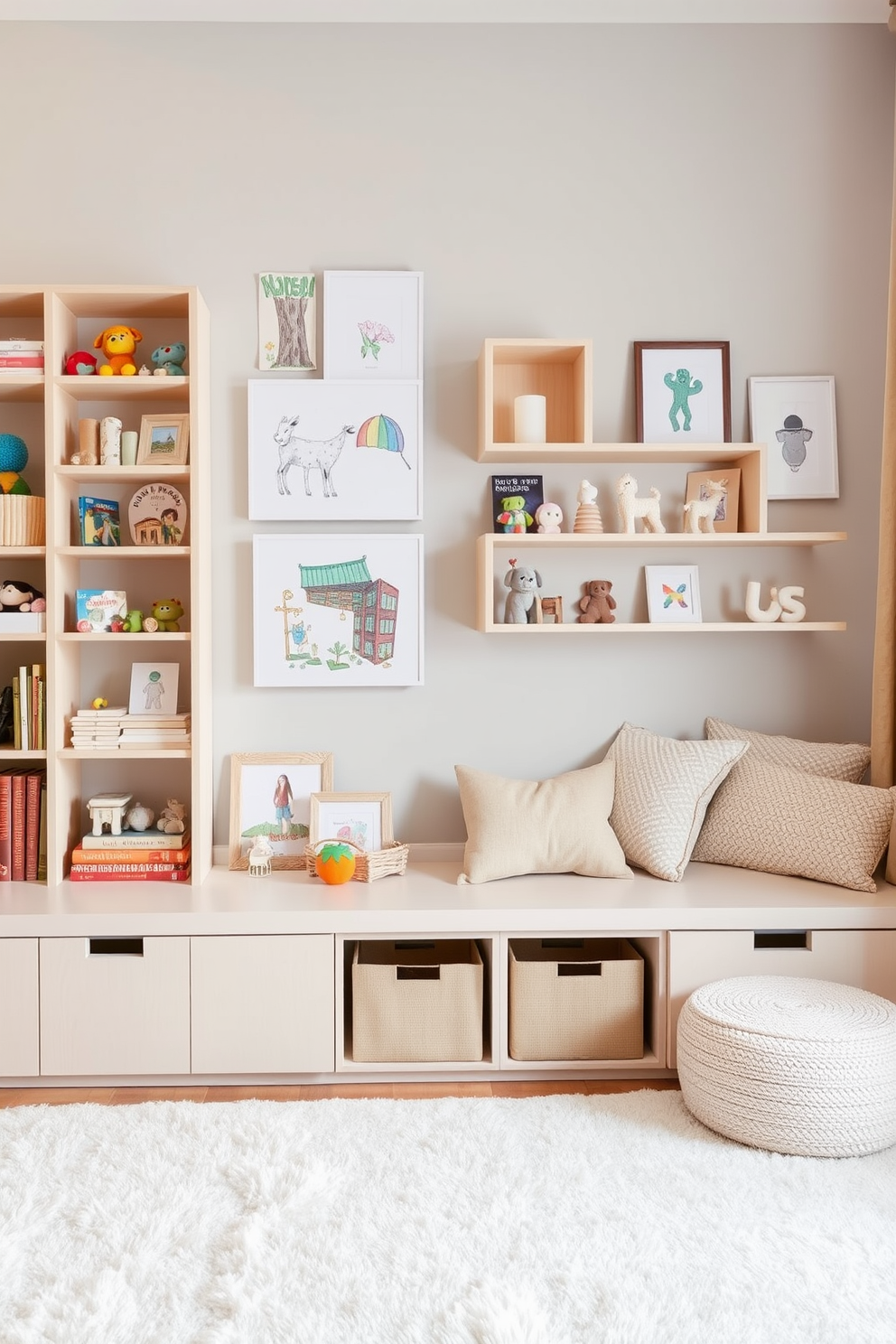 Chic display shelves for artwork and toys. The shelves are made of light wood and arranged asymmetrically on the wall, showcasing colorful artwork and neatly organized toys. Sophisticated playroom design ideas. The room features a soft area rug, a cozy reading nook with plush cushions, and elegant storage solutions that blend seamlessly with the overall decor.