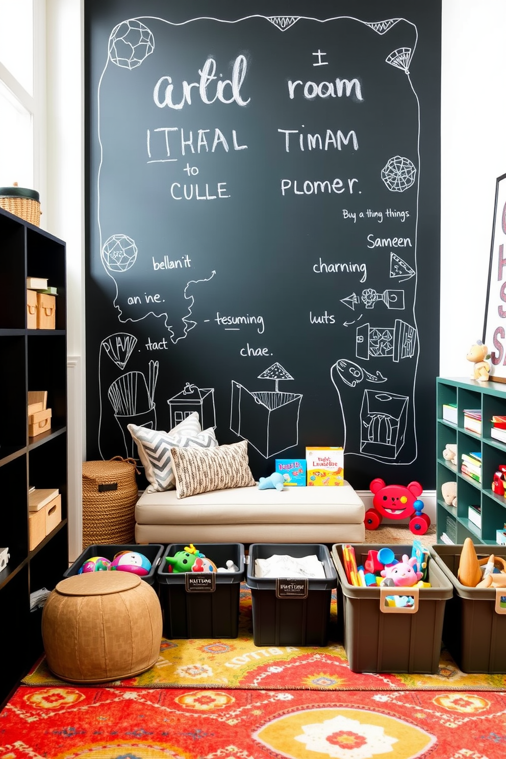 A sophisticated playroom design featuring a chalkboard wall that invites creativity and artistic expression. The room is filled with plush seating options, vibrant rugs, and a variety of educational toys neatly organized in stylish storage bins.