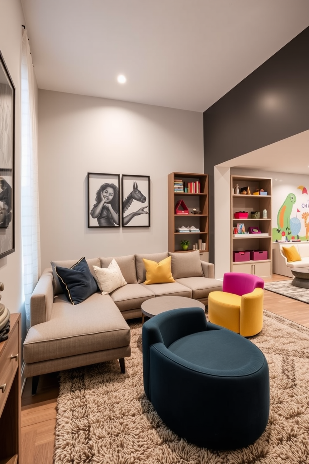 A sophisticated playroom design featuring decorative baskets for organization. The walls are painted in a soft pastel color, and plush rugs cover the hardwood floor for a cozy feel. In one corner, a stylish shelving unit displays colorful toys and books, while decorative baskets neatly store smaller items. A comfortable seating area with bean bags and a low table invites creativity and play.