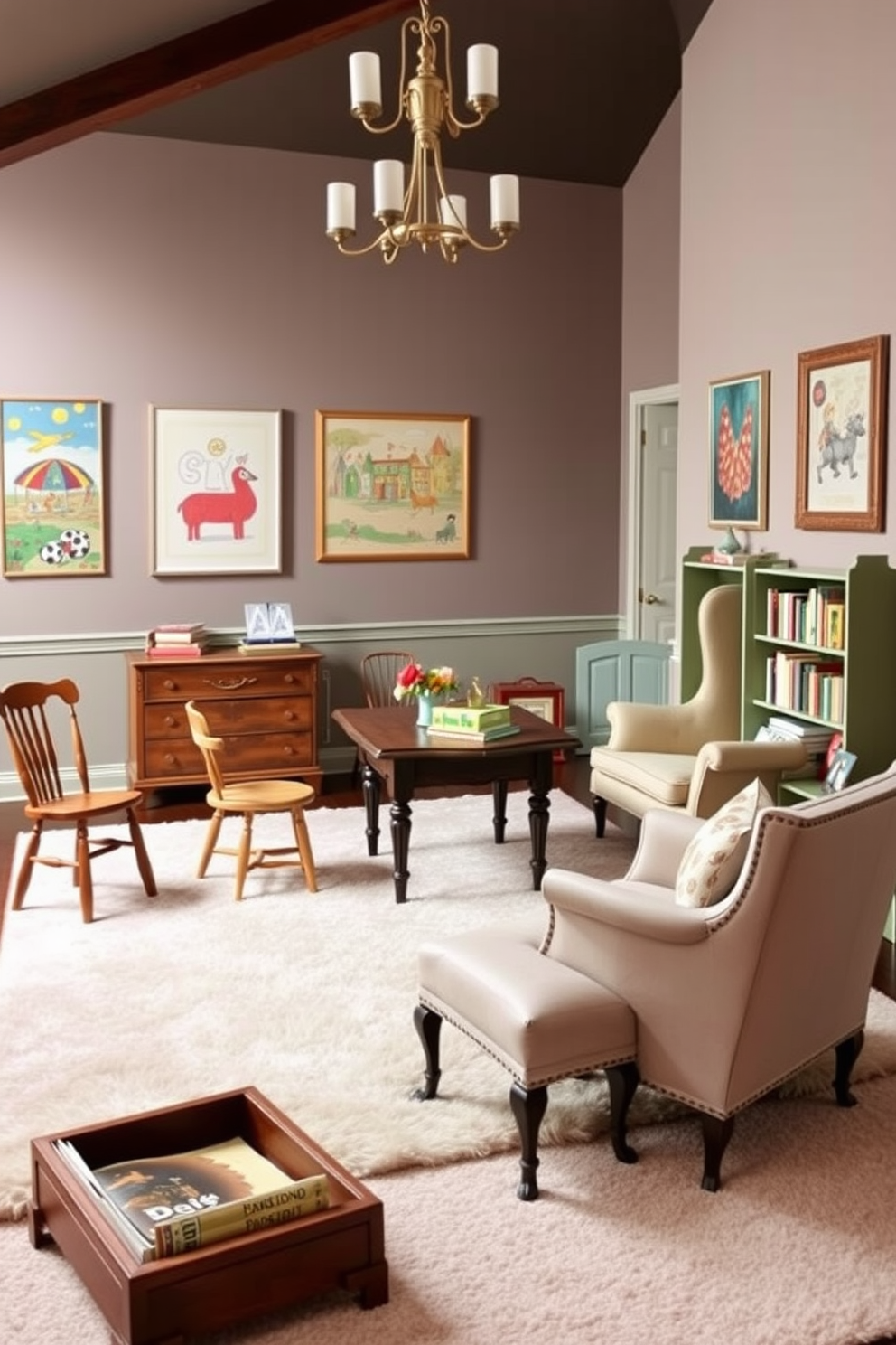 A sophisticated playroom setting filled with whimsical art pieces adorning the walls. The room features a plush area rug in soft pastels, with a modern white bookshelf overflowing with colorful toys and books. In one corner, a cozy reading nook is created with oversized bean bags and a whimsical mural of a fairytale landscape. Soft lighting fixtures shaped like clouds hang from the ceiling, adding a playful touch to the elegant design.