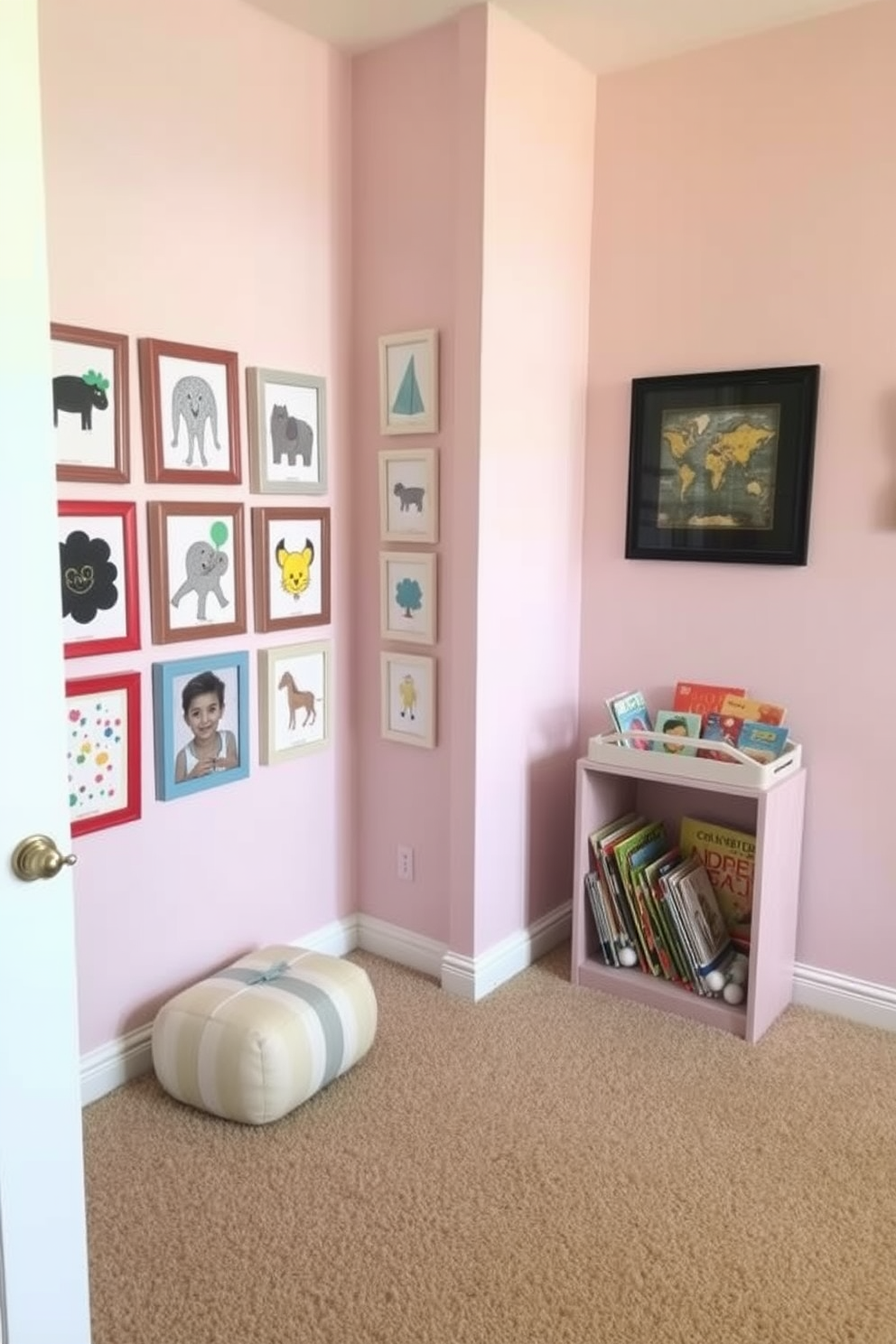 A playful playroom designed for children features a dedicated mini art gallery showcasing their creative works. The walls are painted in soft pastel colors, with adjustable picture frames that allow for easy rotation of the displayed art. In one corner, a cozy reading nook is adorned with plush cushions and a small bookshelf filled with colorful storybooks. The flooring is covered with a soft, durable carpet that provides a comfortable space for play and creativity.