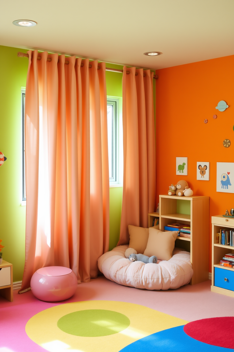 A sophisticated playroom setting features a cozy seating area with plush, oversized cushions in soft pastel colors. A low coffee table made of natural wood is surrounded by a colorful rug, creating a warm and inviting atmosphere. On one side of the room, a custom bookshelf displays an array of books and toys, while the walls are adorned with playful artwork. The flooring is a light hardwood, complemented by whimsical curtains that allow natural light to fill the space.