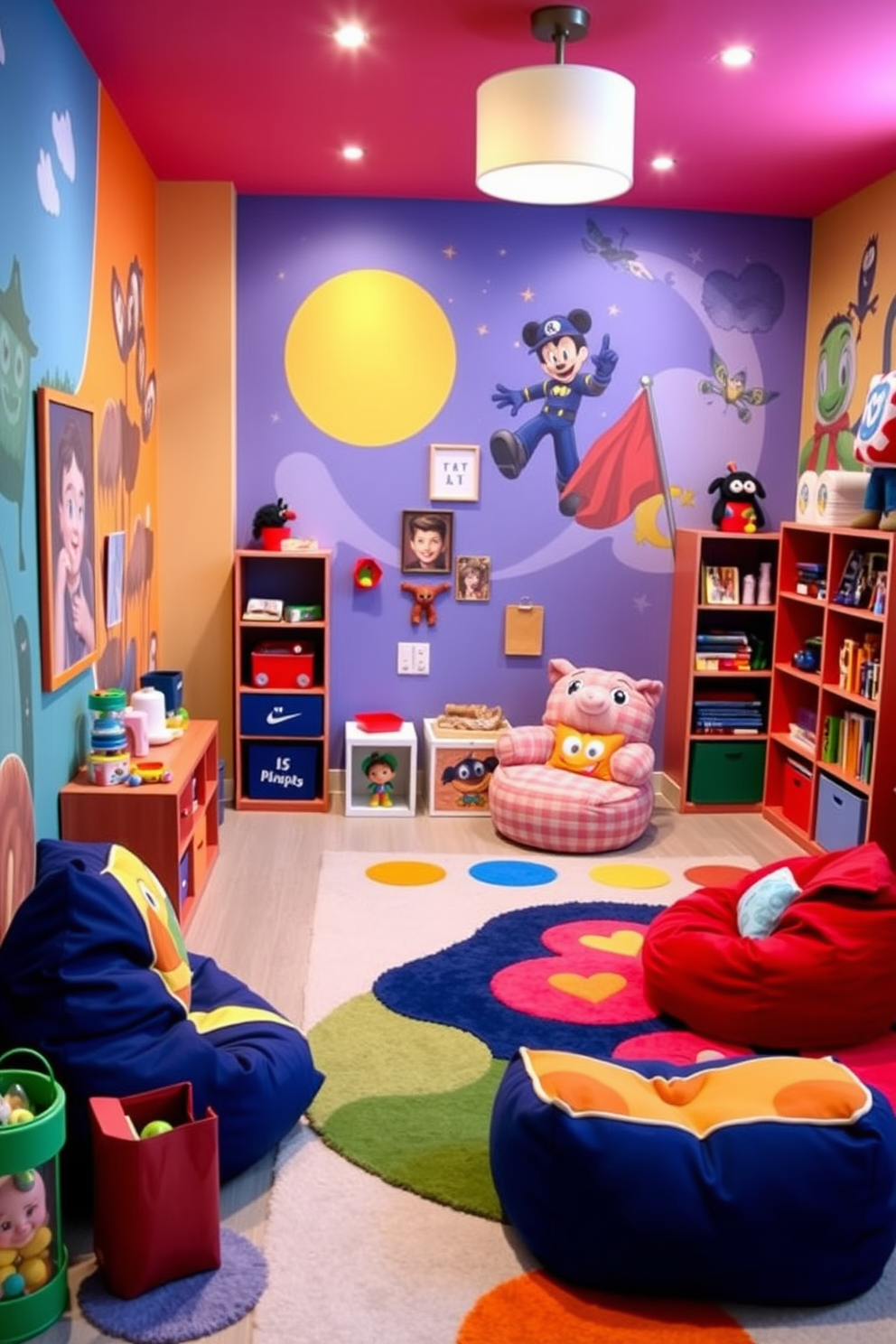 A themed playroom designed to reflect personal style. The space features vibrant wall murals inspired by favorite characters and playful furniture that encourages creativity and fun. Colorful rugs and bean bags create a cozy atmosphere, while shelves are filled with toys and books that showcase individual interests. Soft lighting and decorative accents add a whimsical touch, making it a welcoming retreat for both children and adults.