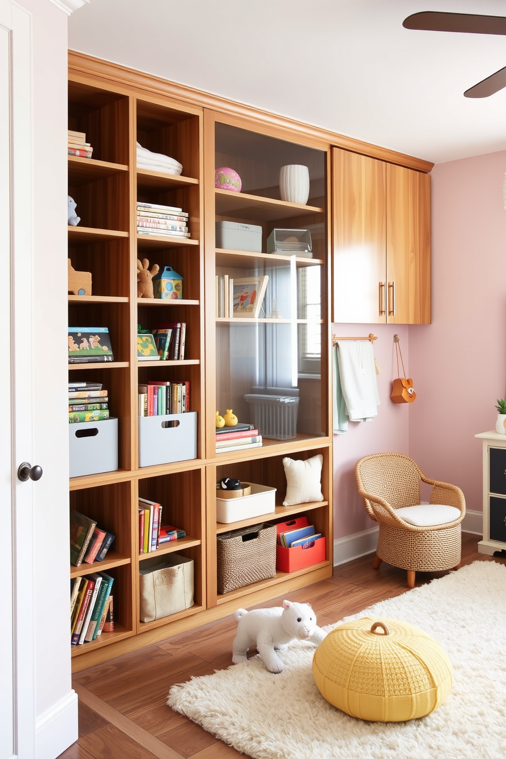 Stylish storage solutions for toys and books. A combination of open shelves and closed cabinets in a warm wood finish creates an inviting atmosphere. Sophisticated playroom design ideas. Soft pastel colors adorn the walls, while a plush area rug provides a comfortable space for children to play.