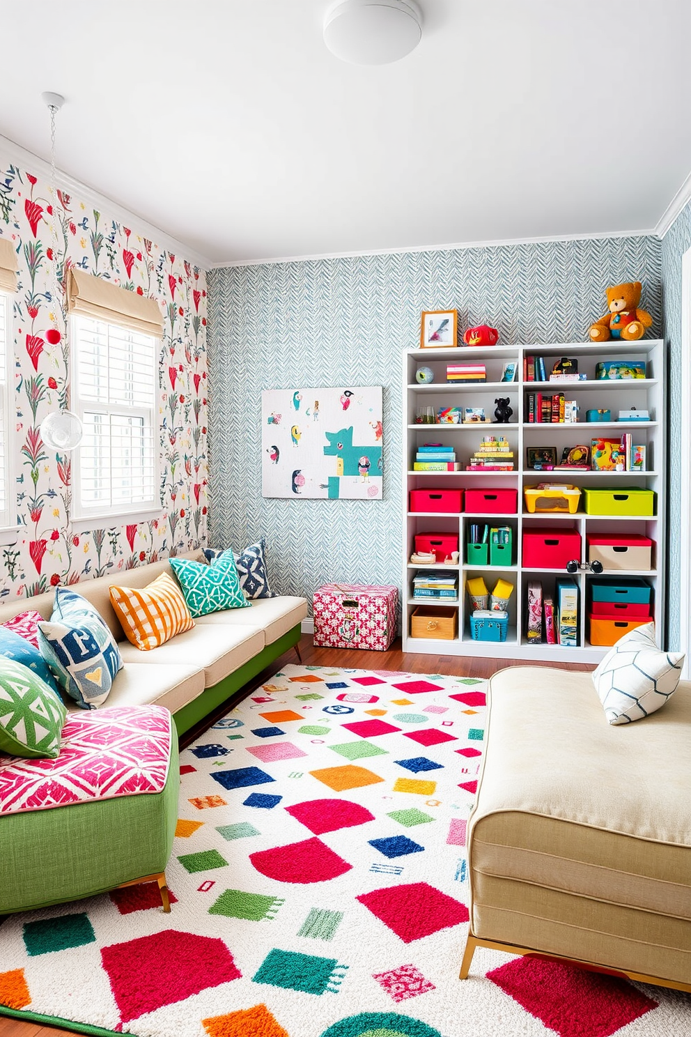 A vibrant playroom featuring playful patterns in textiles and rugs. The walls are adorned with colorful wallpaper while plush seating areas are filled with cushions in various geometric designs. A large area rug with a whimsical print anchors the space, providing a soft surface for play. Shelves filled with toys and books are organized in a fun and inviting manner, encouraging creativity and exploration.