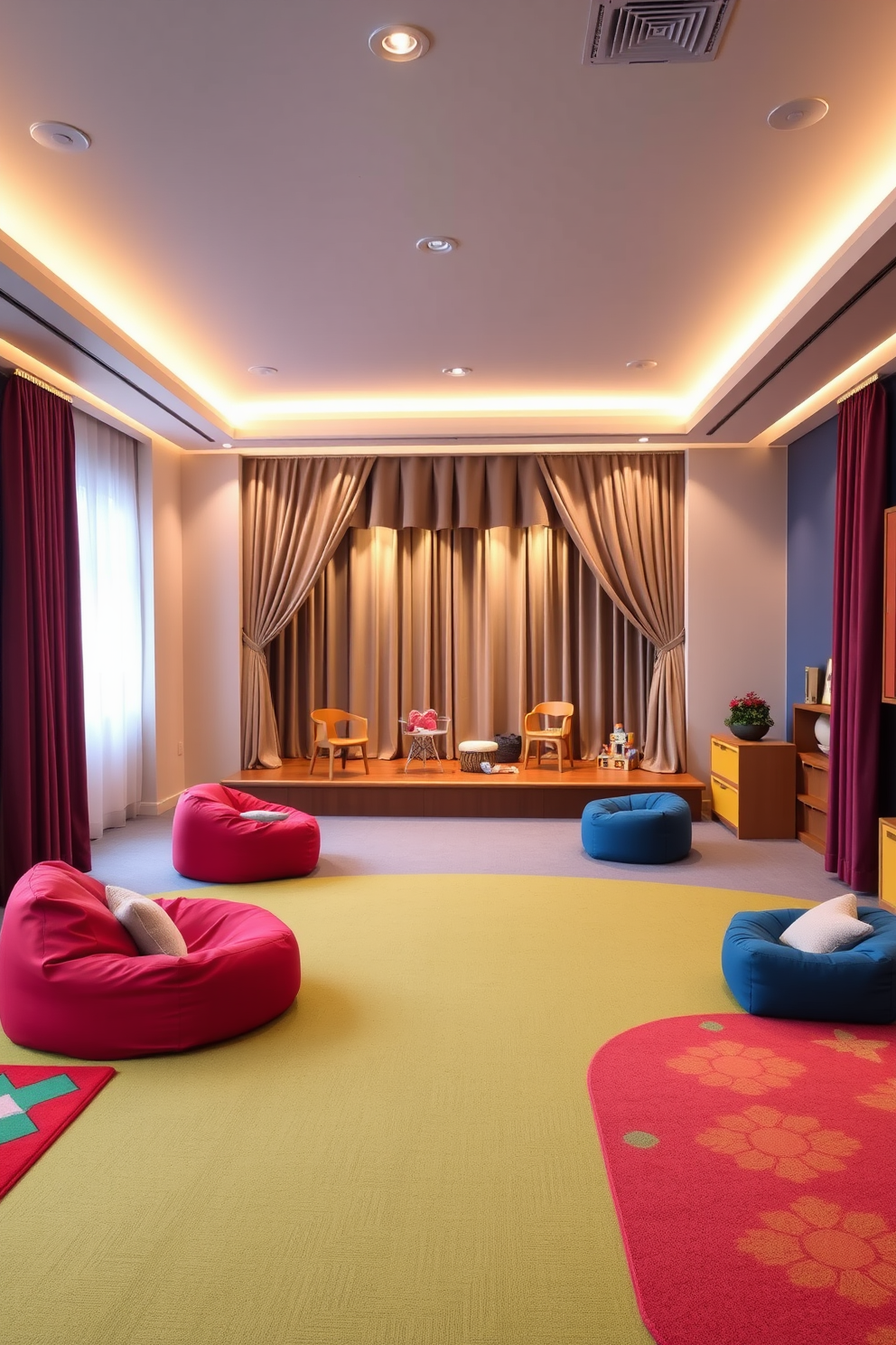 A sophisticated playroom setting featuring a small stage for performances at one end. The stage is adorned with soft lighting and plush curtains, creating an inviting atmosphere for children to showcase their talents. The room is designed with vibrant, yet harmonious colors that stimulate creativity. Comfortable seating areas with bean bags and rugs are scattered throughout, encouraging play and relaxation.