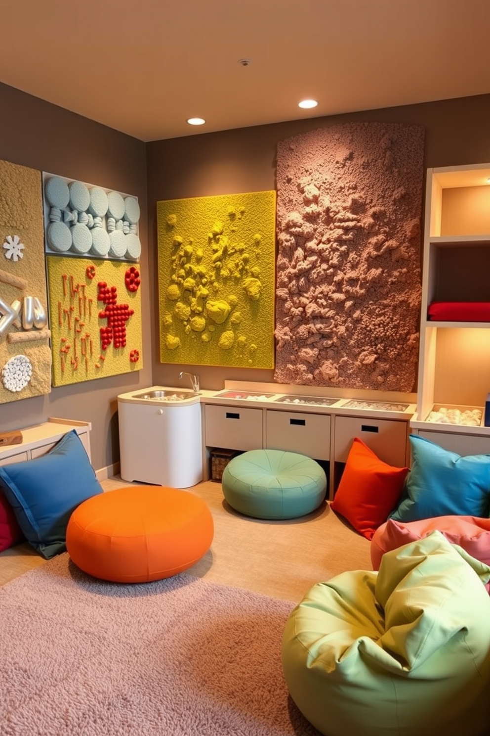 Create a sensory play area featuring a variety of textures including soft rugs, tactile wall panels, and sensory bins filled with different materials. Incorporate colorful cushions and bean bags for comfortable seating, while using warm lighting to create an inviting atmosphere.