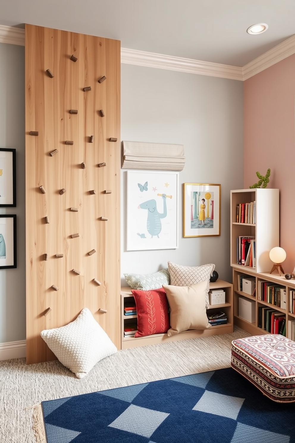 A sophisticated playroom design featuring a climbing wall integrated into the decor for fun exercise and activity. The walls are painted in soft pastel colors, with playful artwork and a cozy reading nook filled with plush cushions and bookshelves.