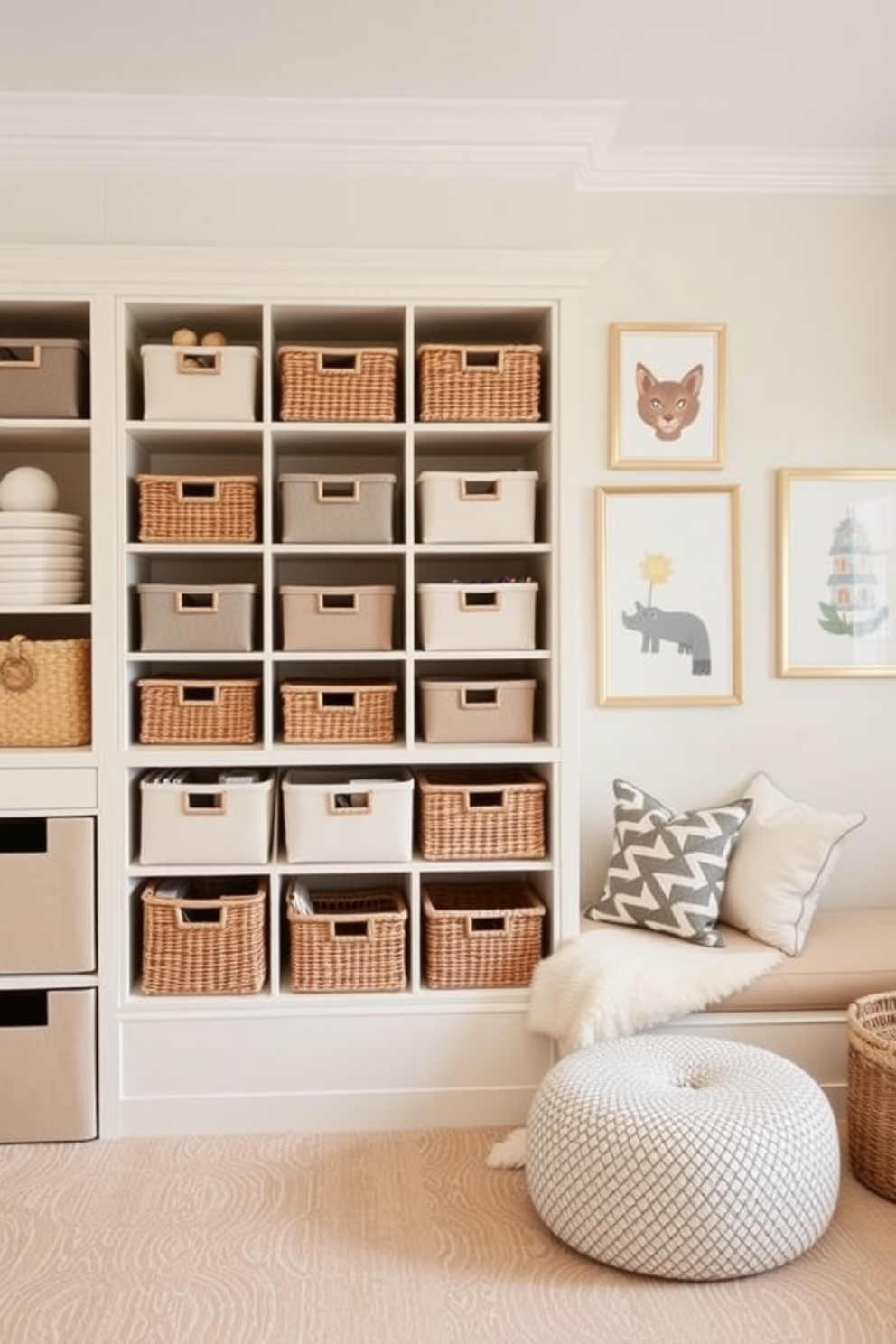 A sophisticated playroom design featuring an array of stylish bins and baskets for organized storage. The walls are painted in a soft pastel color, complemented by playful artwork and a cozy reading nook filled with plush cushions.