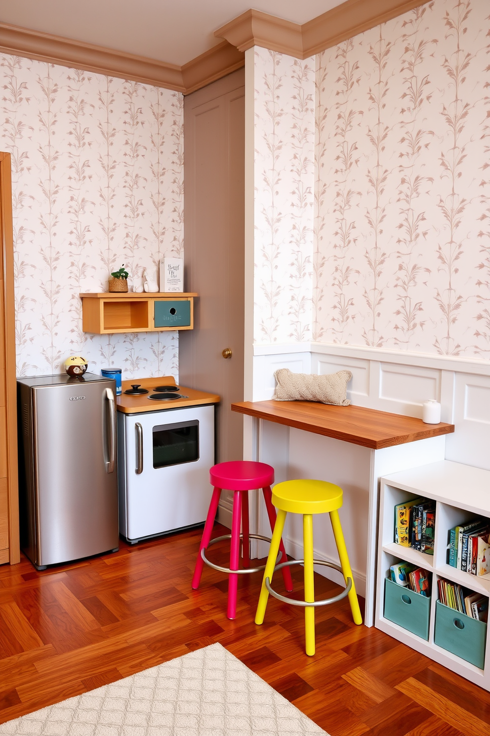 A sophisticated playroom setting featuring a small kitchenette designed for role play. The kitchenette includes a modern mini fridge, a compact stove, and a charming wooden countertop with colorful bar stools. The walls are adorned with playful wallpaper in soft pastel colors, and the flooring is a warm hardwood. A cozy reading nook with plush cushions and a small bookshelf filled with children's books completes the inviting atmosphere.