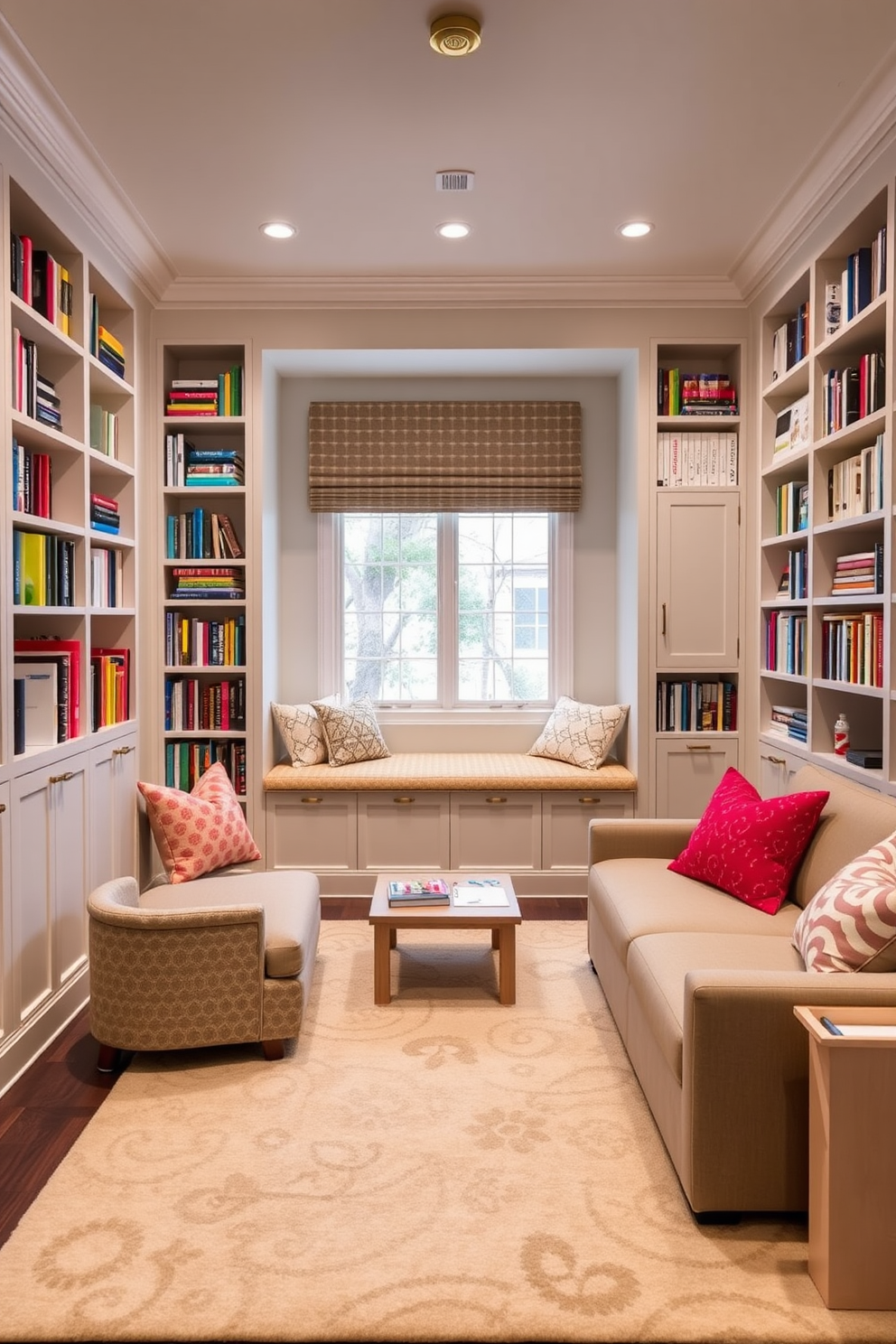 A sophisticated playroom design featuring a plush area rug with intricate patterns that invites play and creativity. The walls are adorned with soft pastel colors, and whimsical wall art adds a playful charm to the space. Incorporate vintage furniture pieces like a restored wooden rocking chair and a classic toy chest for storage. A cozy reading nook with a small bookshelf filled with classic children's books completes the inviting atmosphere.